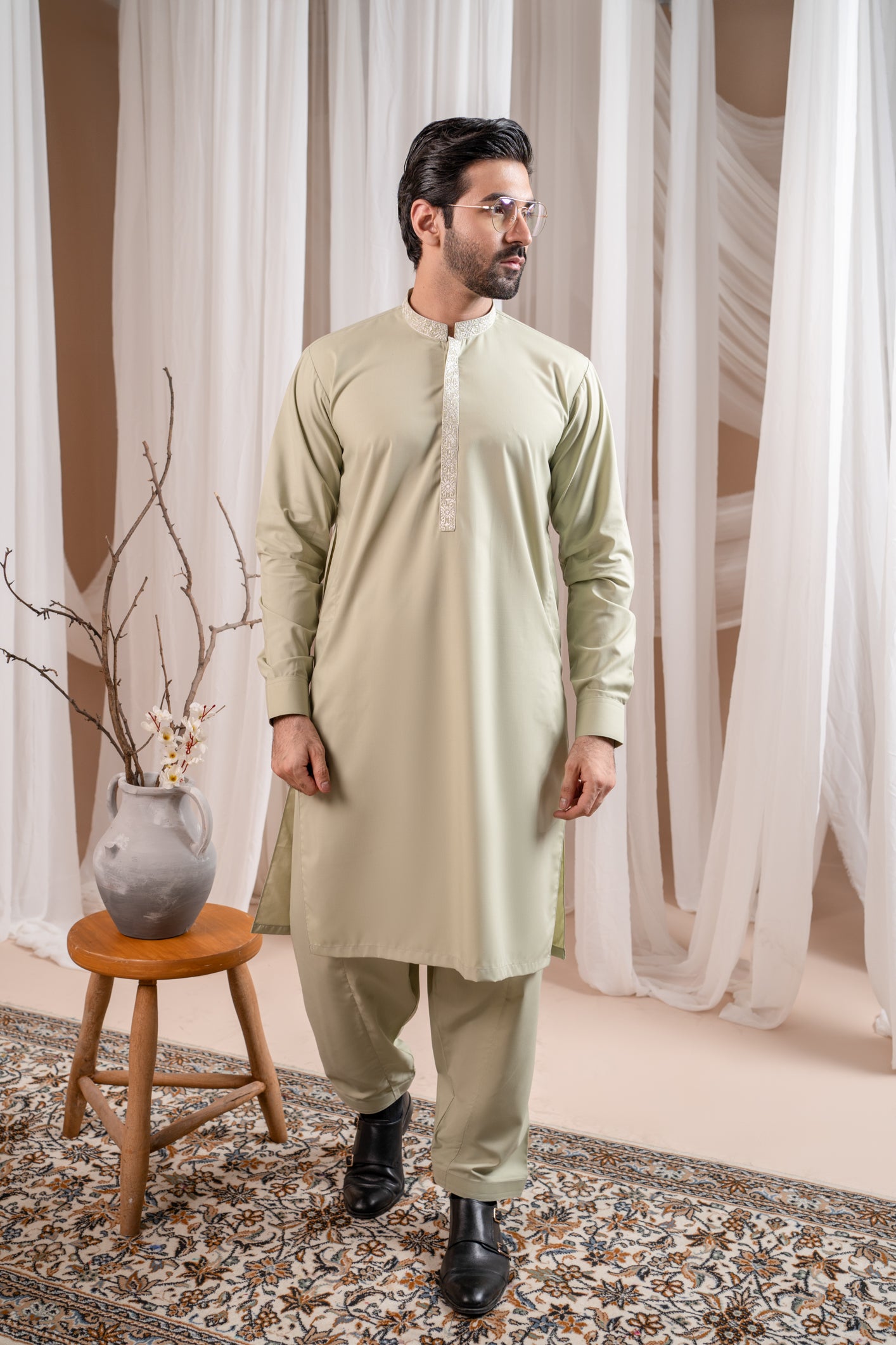Mint Green Embroidered Blended Fabric Kurta Shalwar (2-Piece) - Image 2