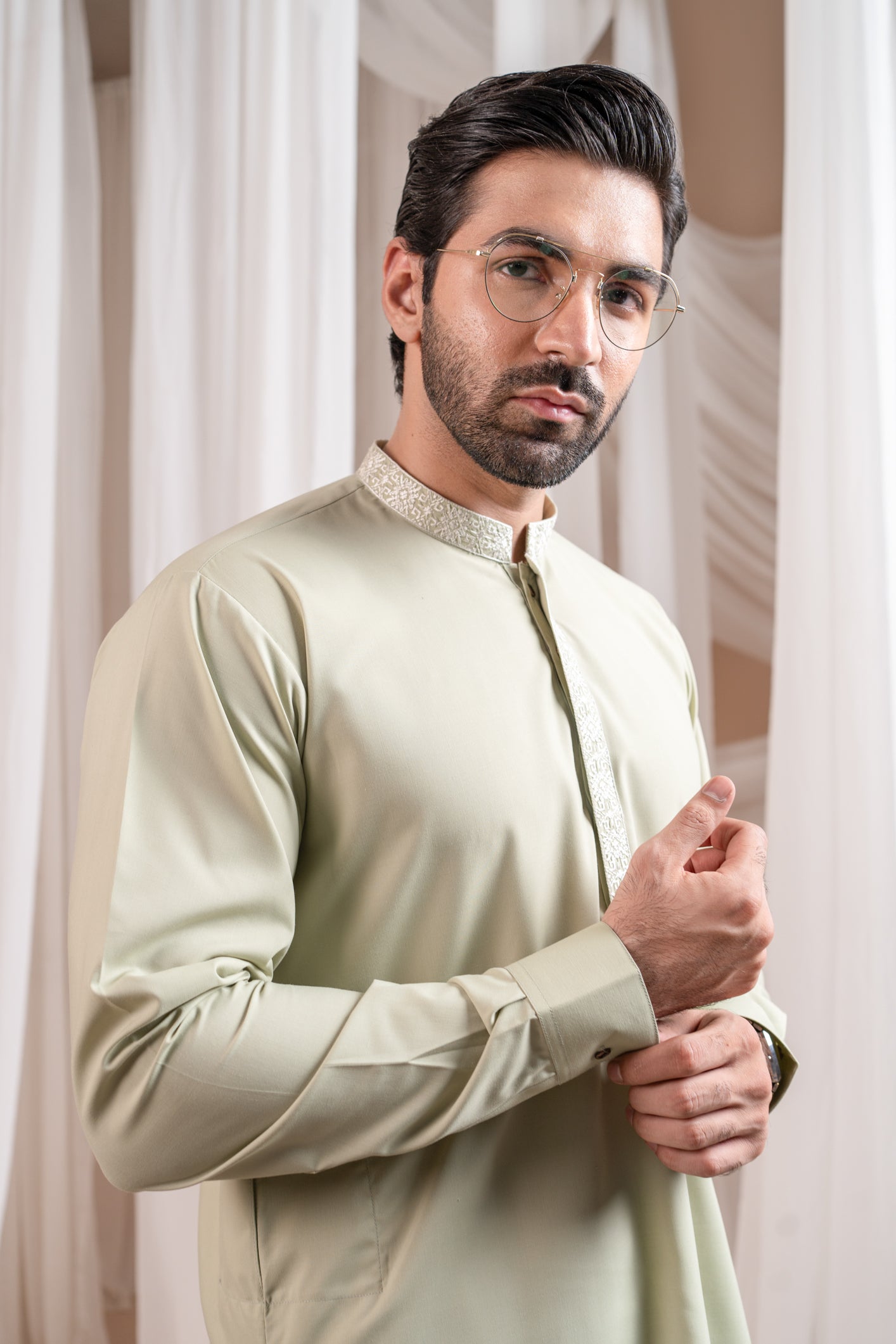 Mint Green Embroidered Blended Fabric Kurta Shalwar (2-Piece) - Image 3
