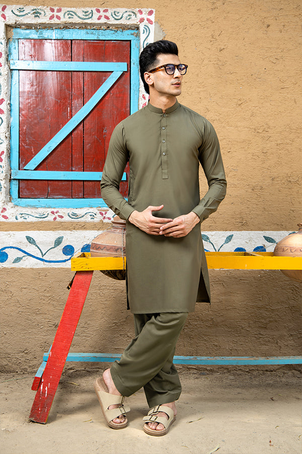 Army Green Cotton Kurta Shalwar (2-Piece) - Image 1
