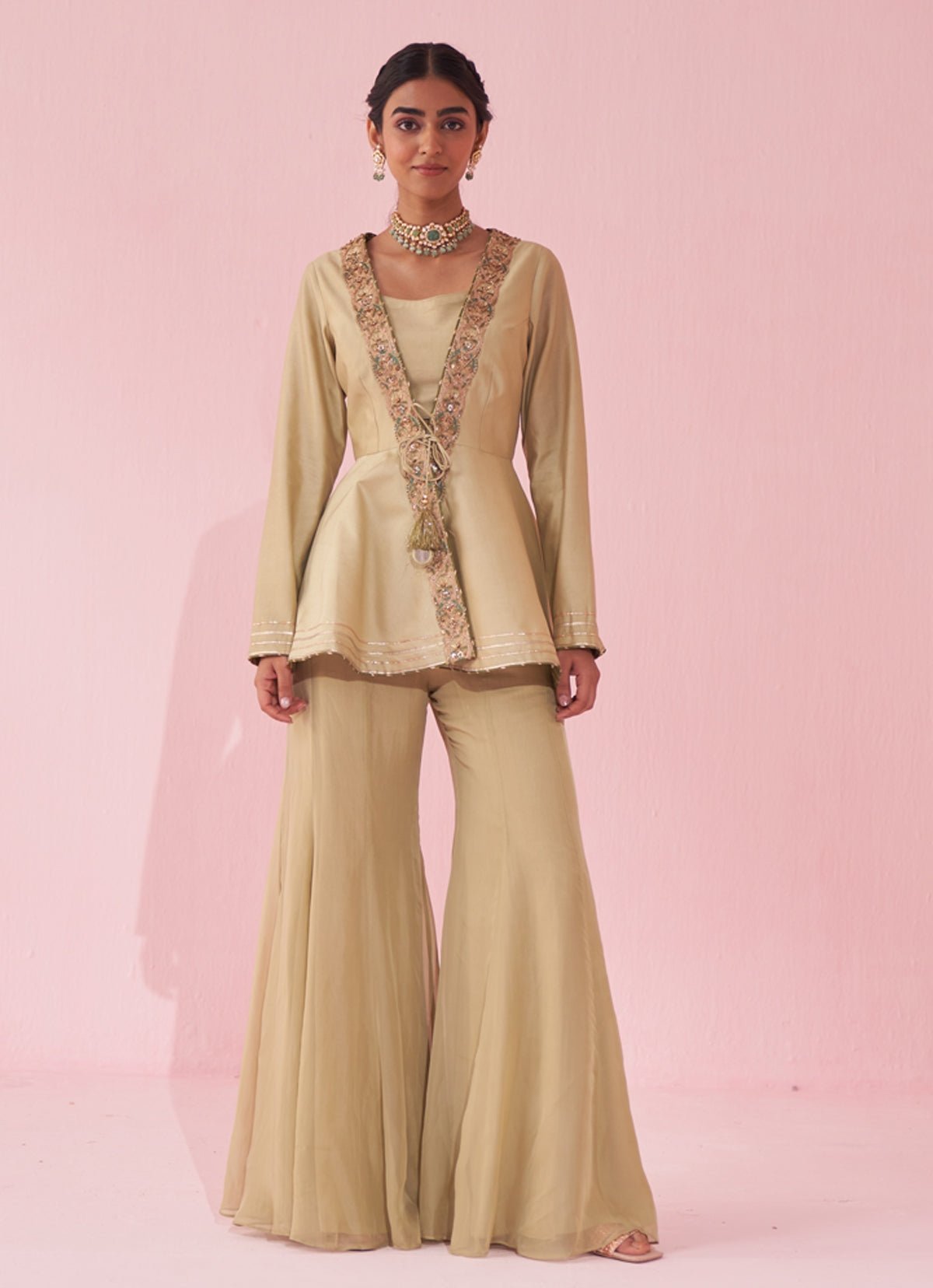 Muted Green Embroidered Chanderi Peplum Kurta Sharara (2-Piece) - Image 1