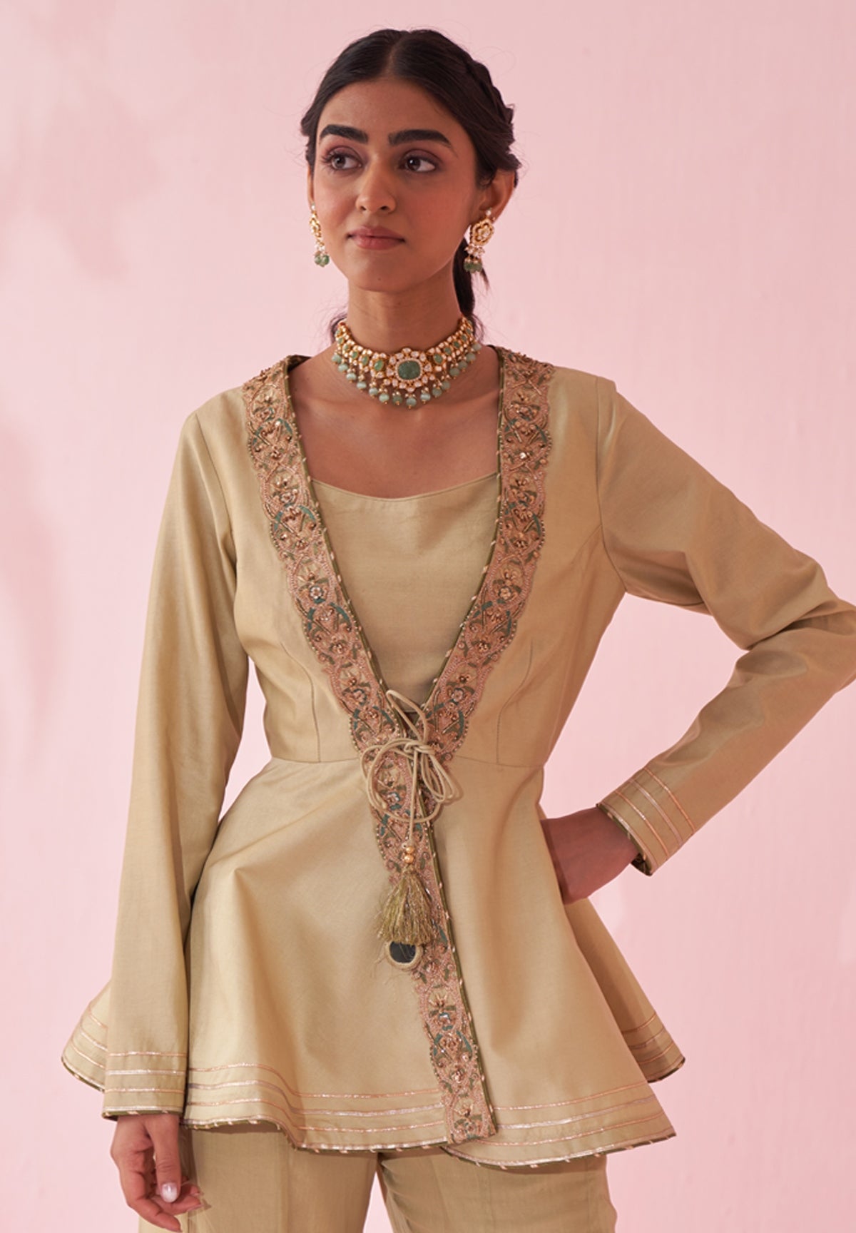 Muted Green Embroidered Chanderi Peplum Kurta Sharara (2-Piece) - Image 2