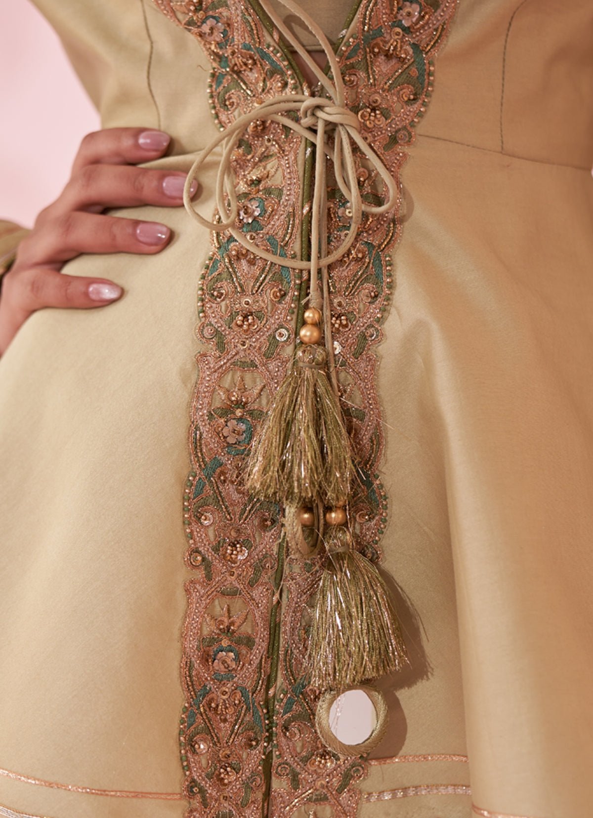 Muted Green Embroidered Chanderi Peplum Kurta Sharara (2-Piece) - Image 3