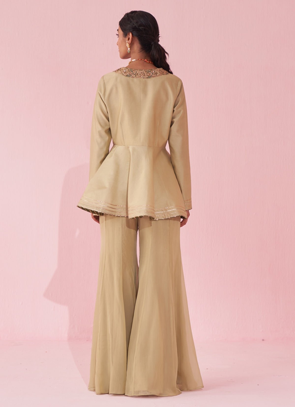 Muted Green Embroidered Chanderi Peplum Kurta Sharara (2-Piece) - Image 4