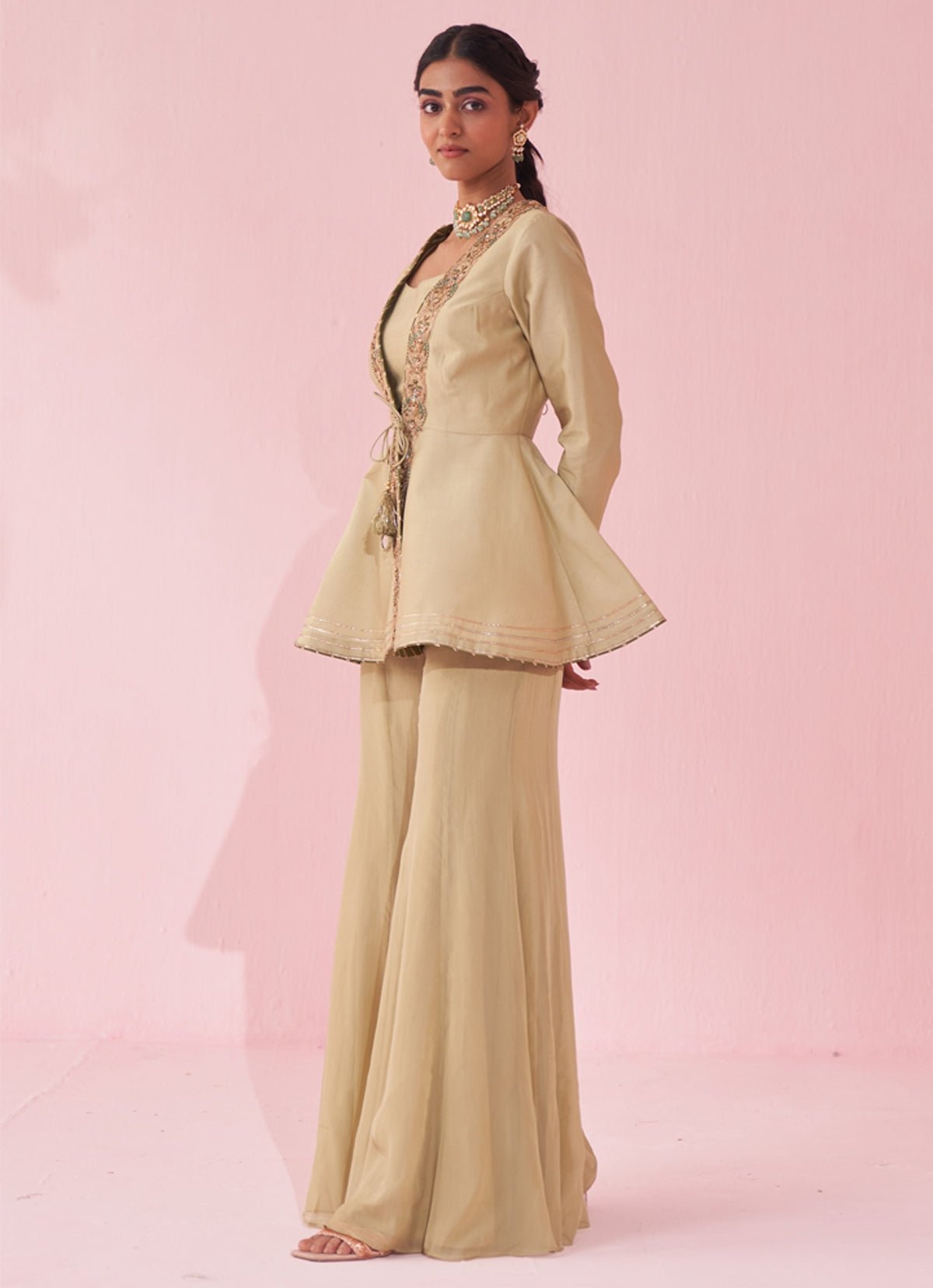 Muted Green Embroidered Chanderi Peplum Kurta Sharara (2-Piece) - Image 5