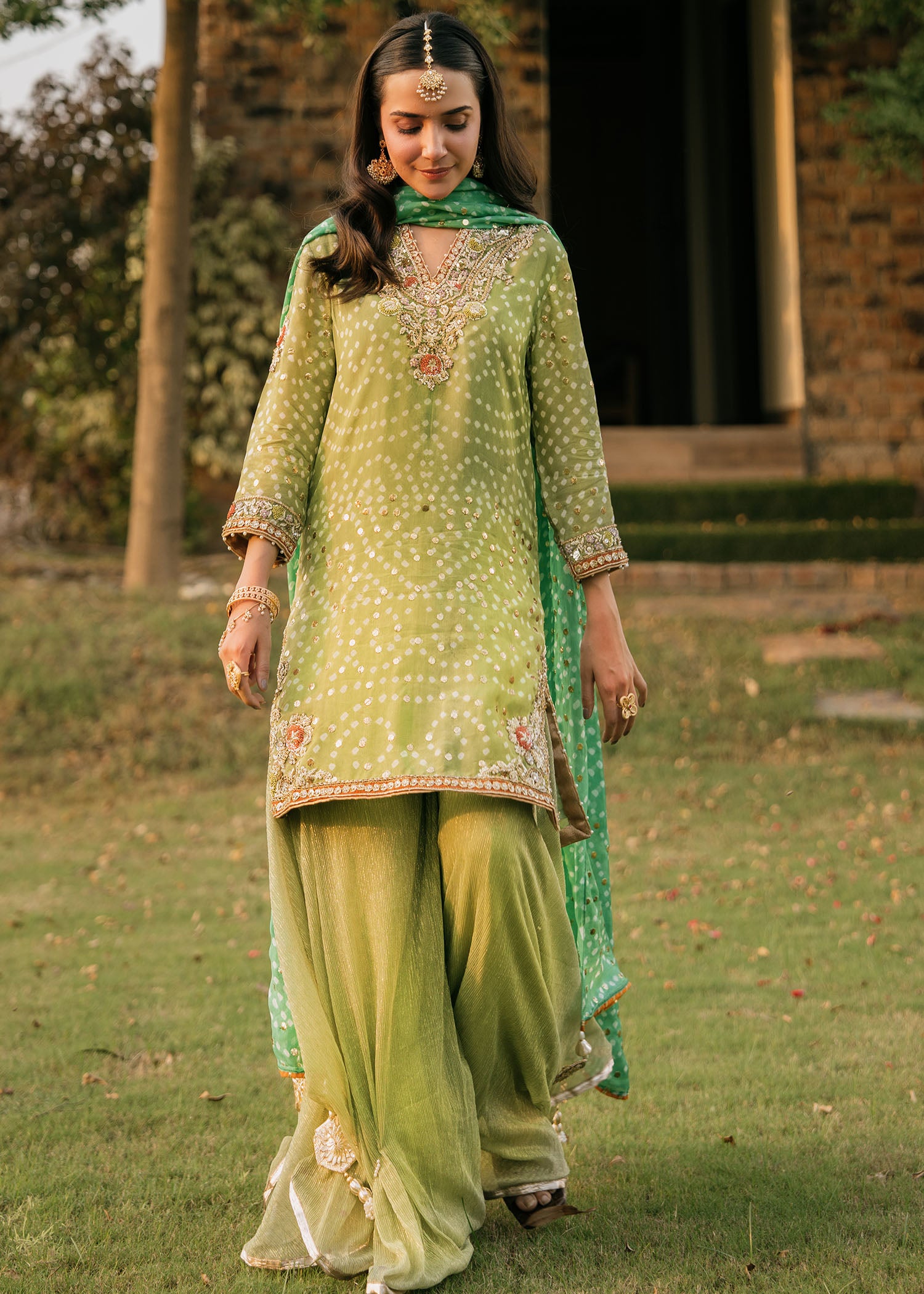 Pakistani Parrot Green Naqshi Dabka Chunri Sharara (3-Piece) - Image 1