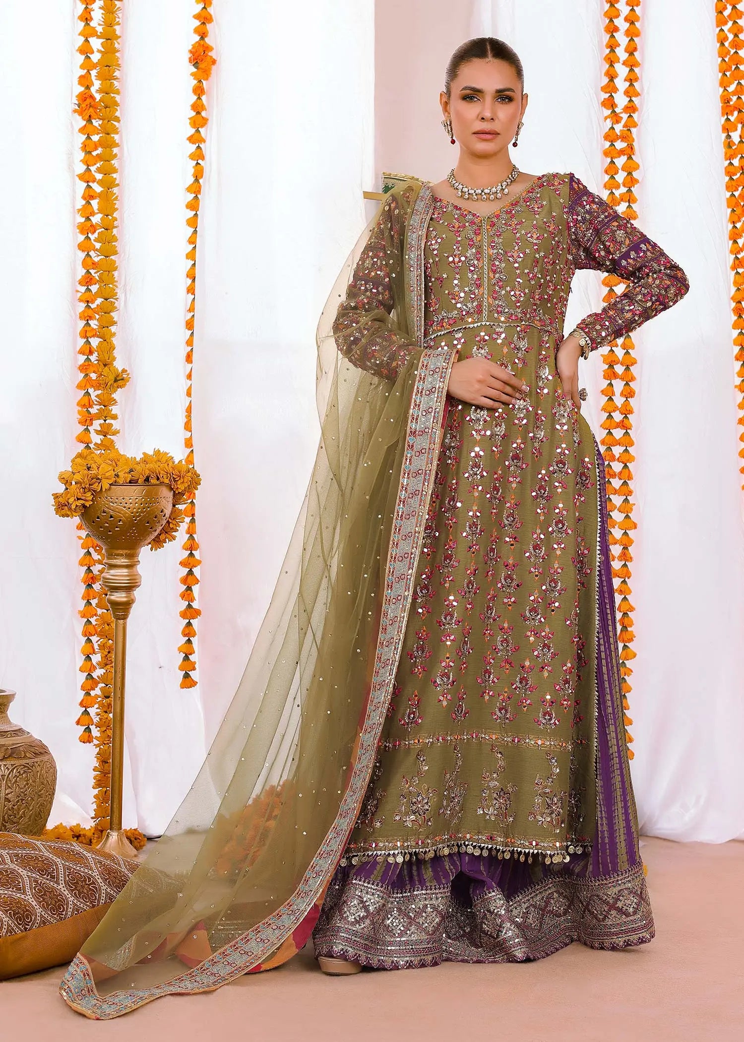 Olive Green Embroidered Silk Sharara (3-Piece) - Image 1
