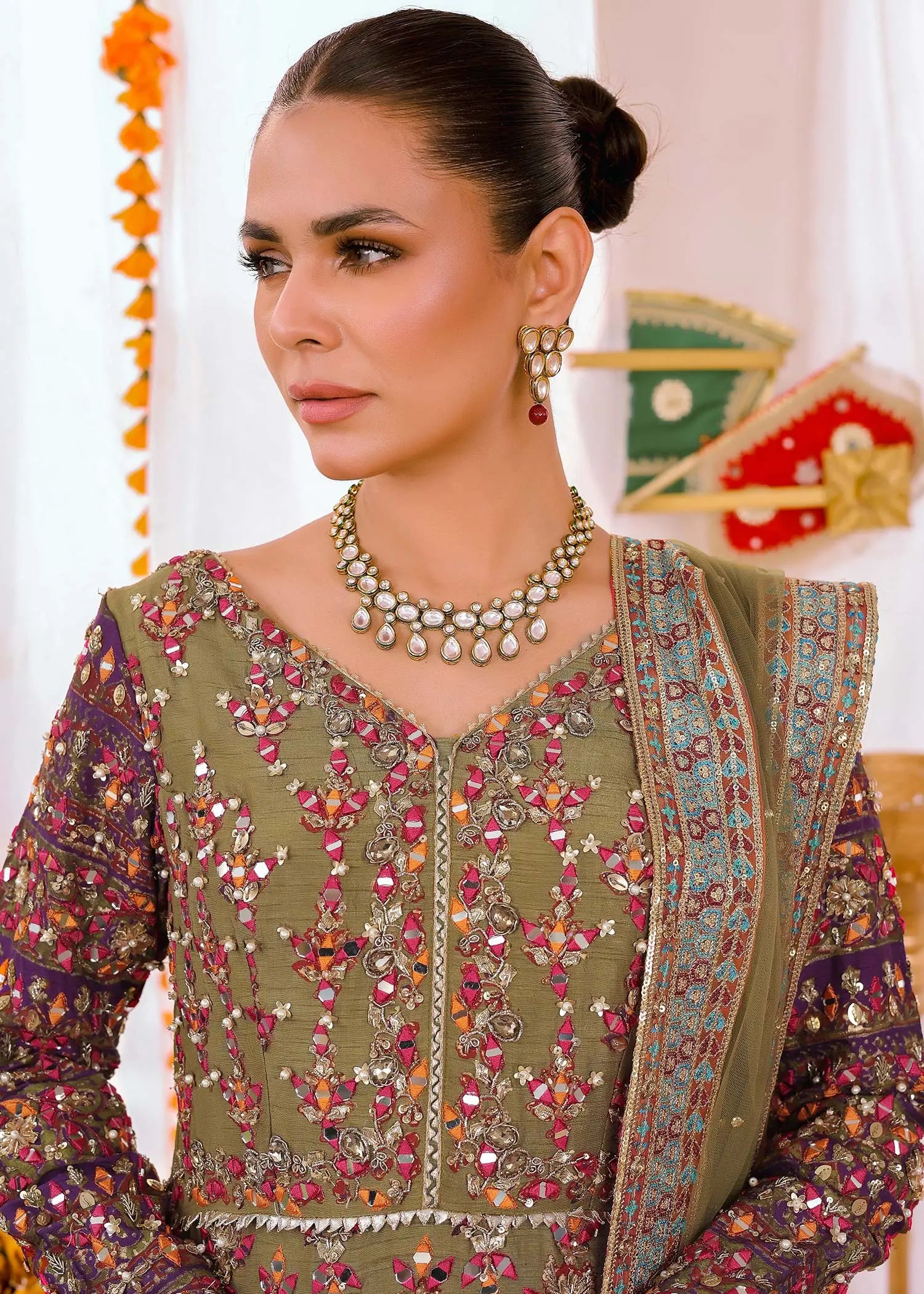 Olive Green Embroidered Silk Sharara (3-Piece) - Image 2