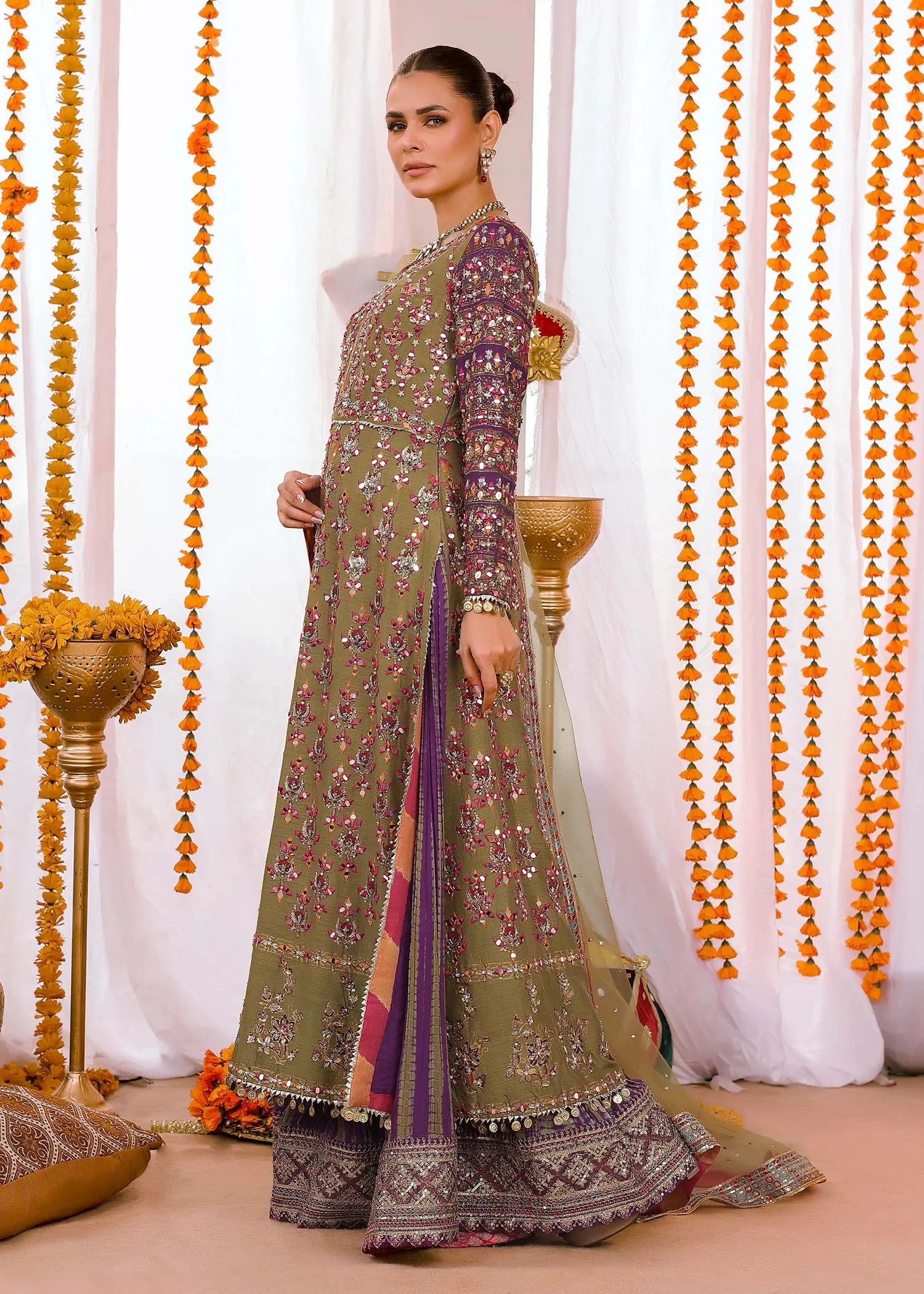 Olive Green Embroidered Silk Sharara (3-Piece) - Image 4