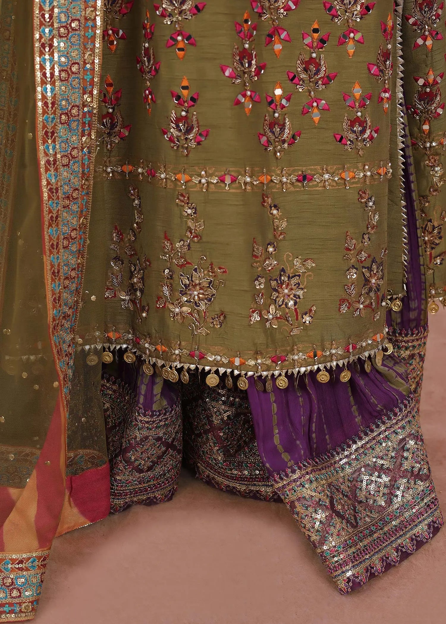 Olive Green Embroidered Silk Sharara (3-Piece) - Image 5