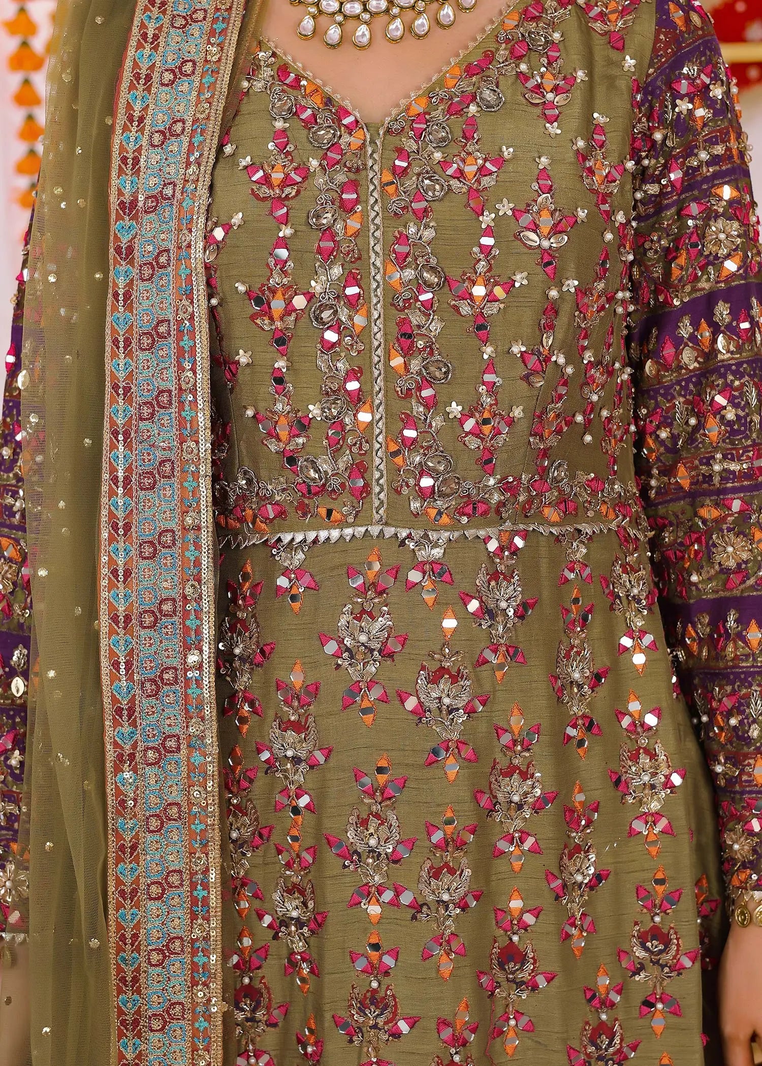 Olive Green Embroidered Silk Sharara (3-Piece) - Image 6