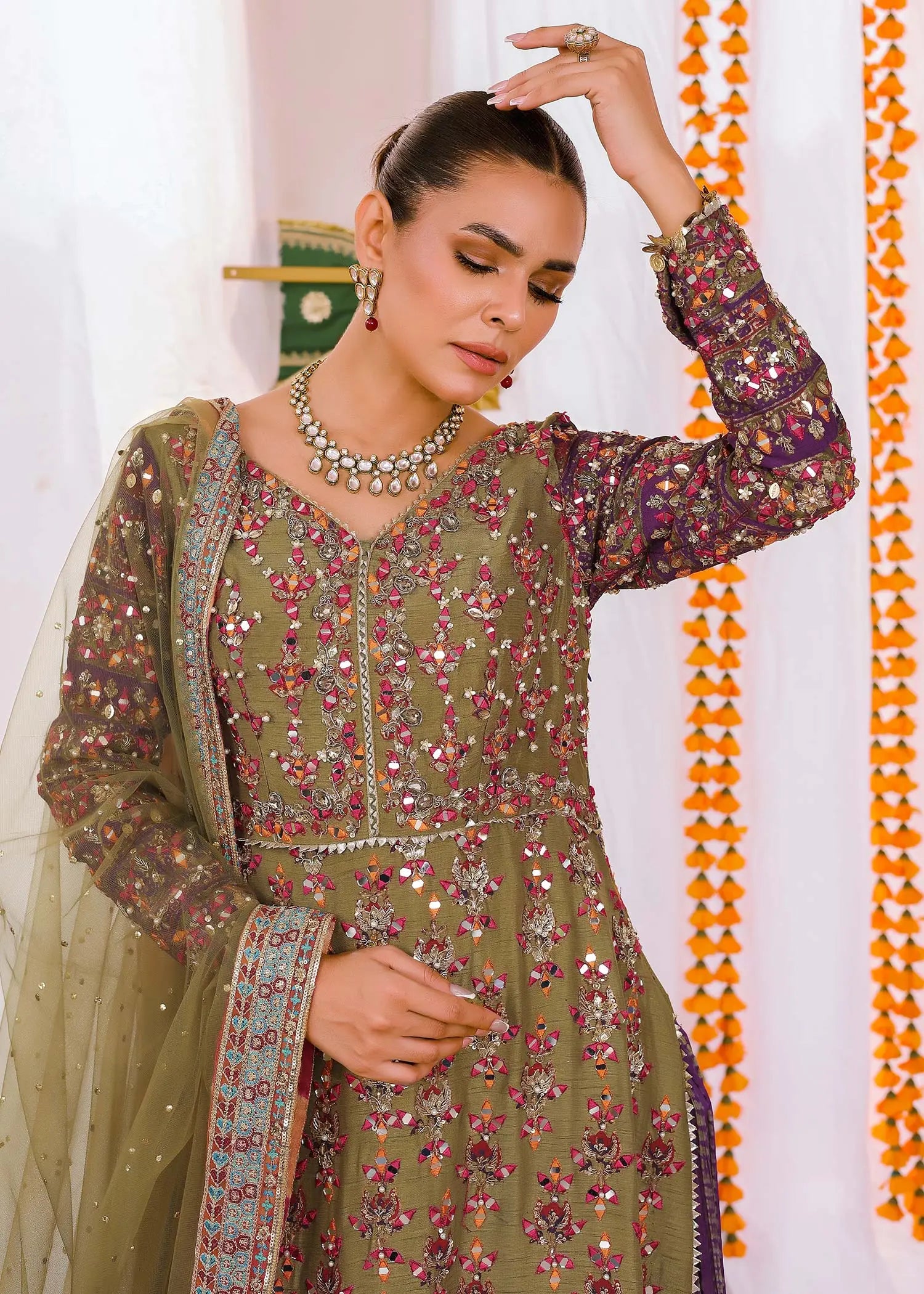 Olive Green Embroidered Silk Sharara (3-Piece) - Image 7