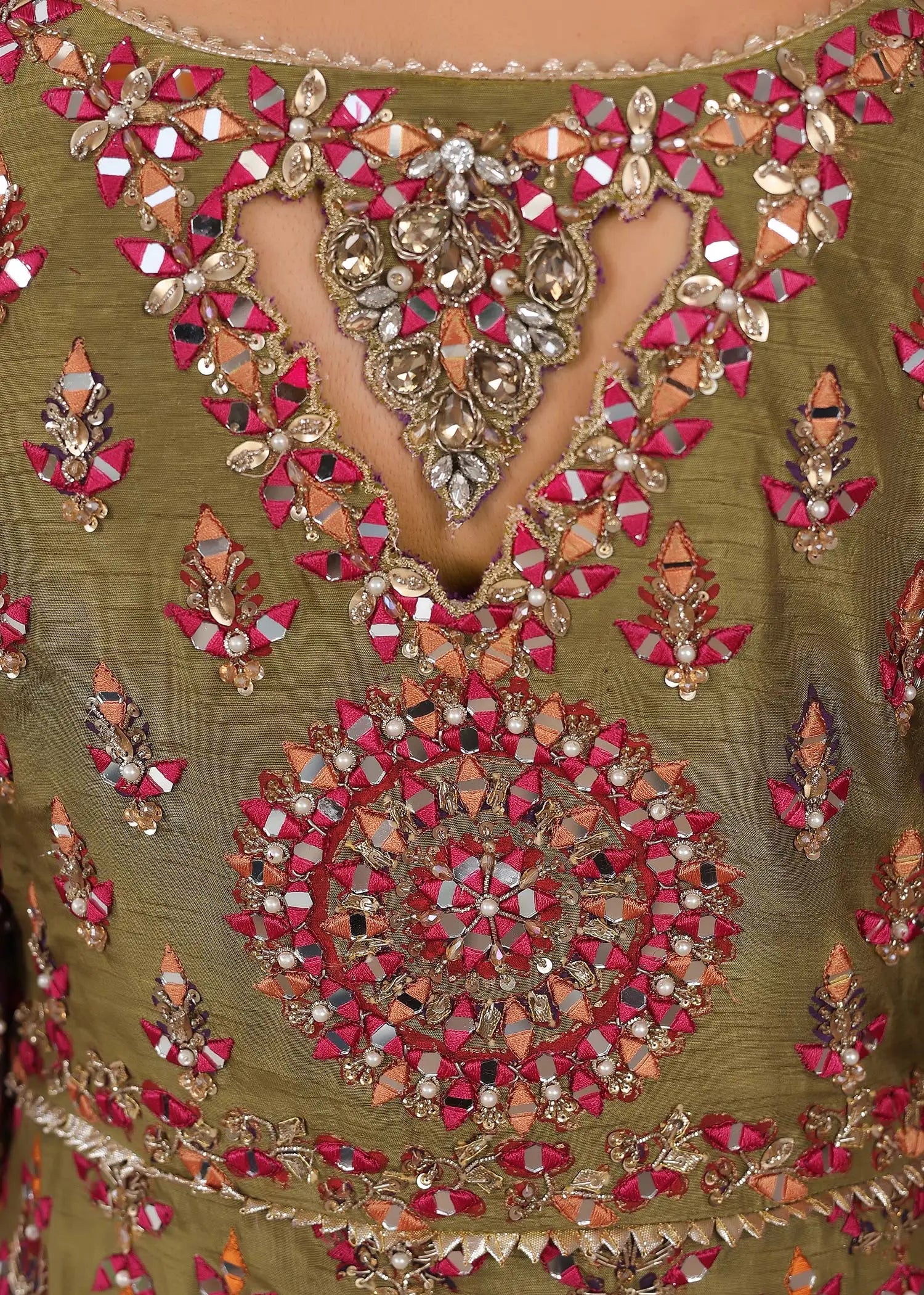 Olive Green Embroidered Silk Sharara (3-Piece) - Image 9