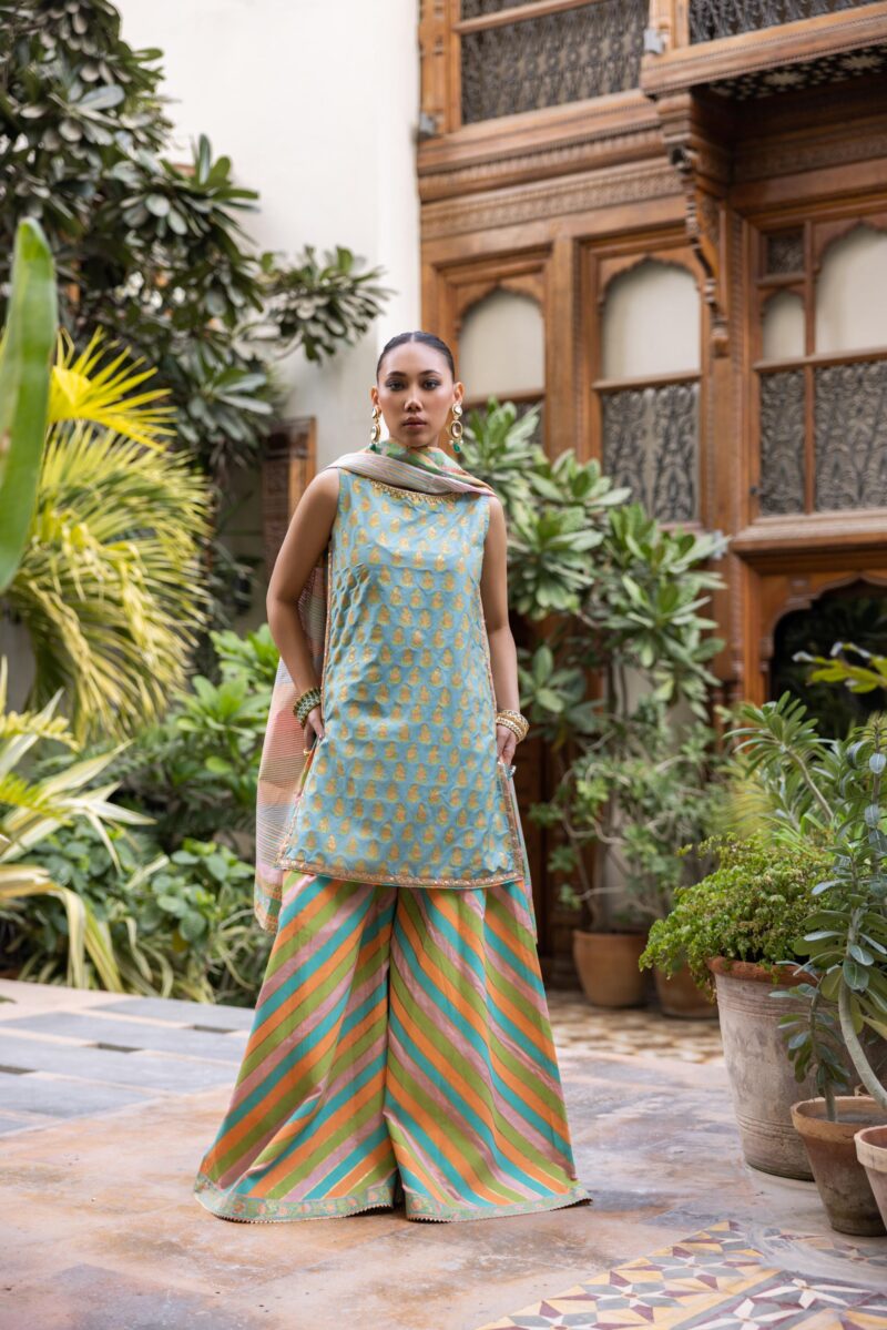 Sea Green Block Printed Khaadi Silk Sharara (3-Piece) - Image 1