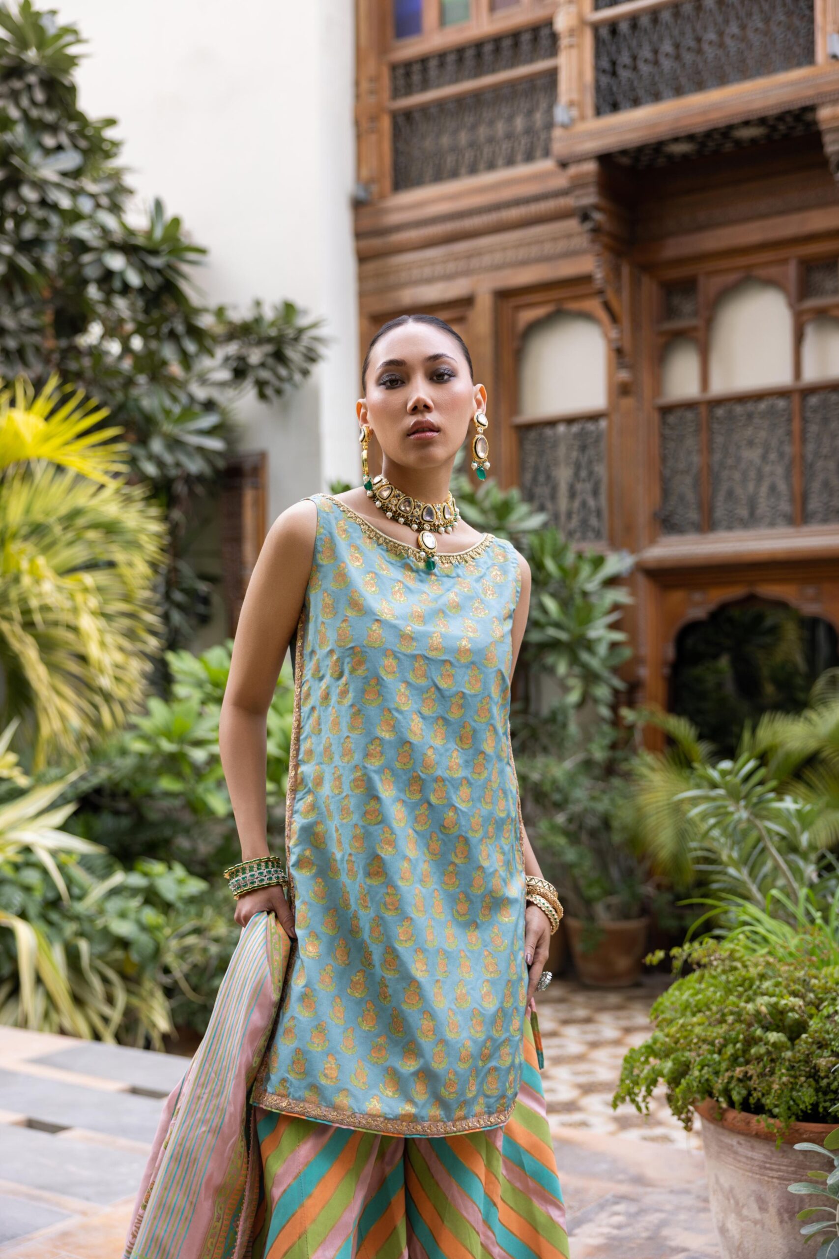 Sea Green Block Printed Khaadi Silk Sharara (3-Piece) - Image 3