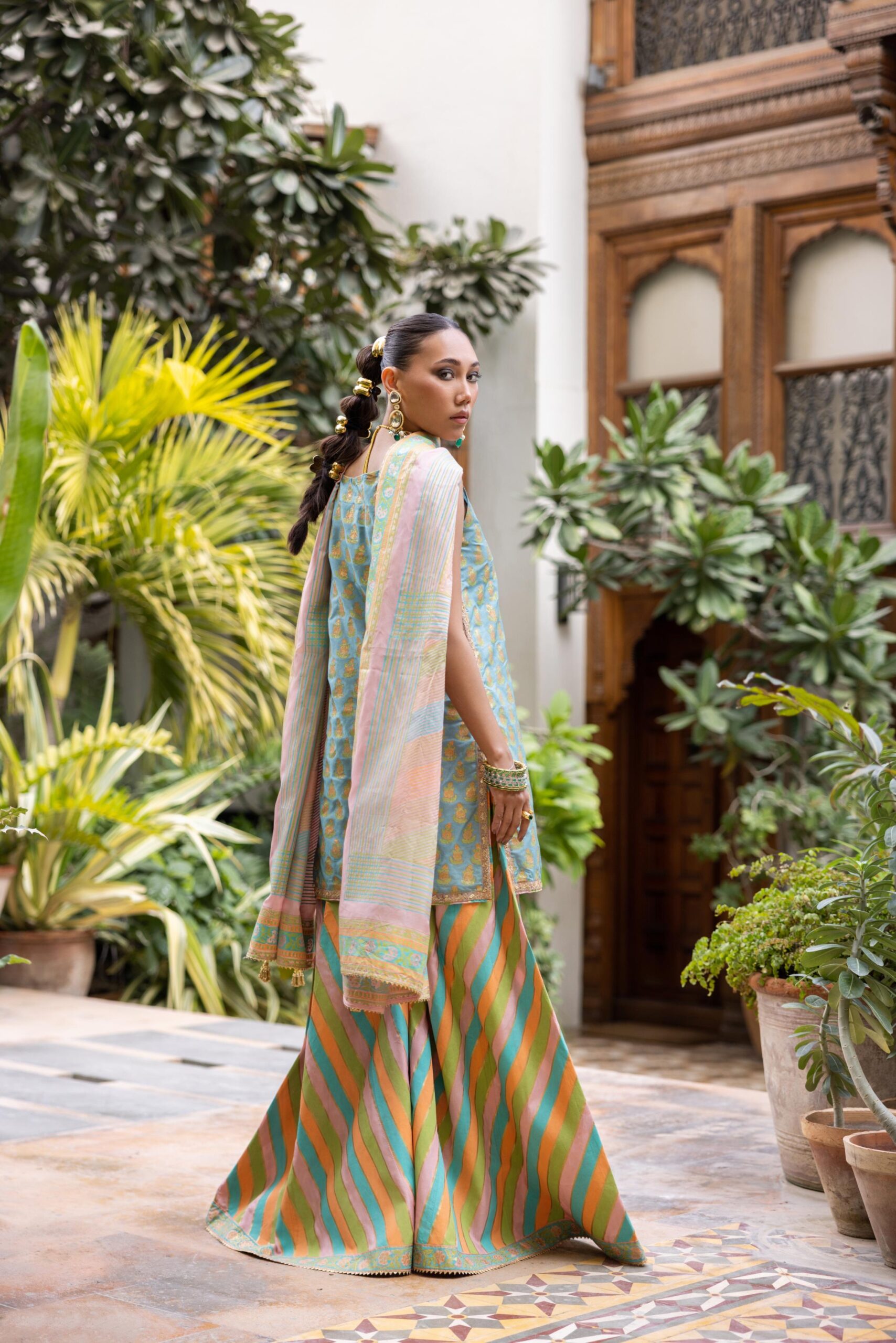 Sea Green Block Printed Khaadi Silk Sharara (3-Piece) - Image 4