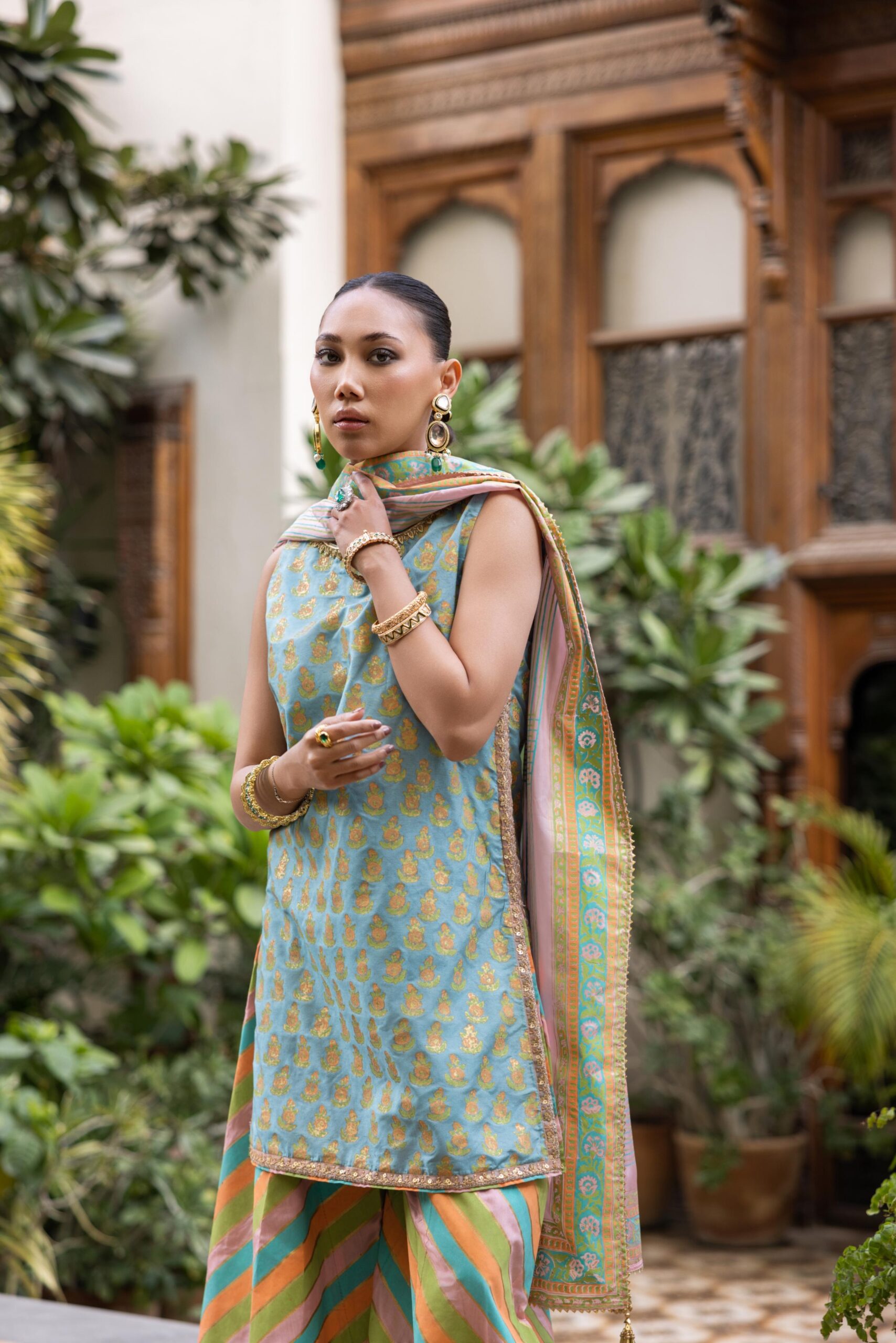 Sea Green Block Printed Khaadi Silk Sharara (3-Piece) - Image 5