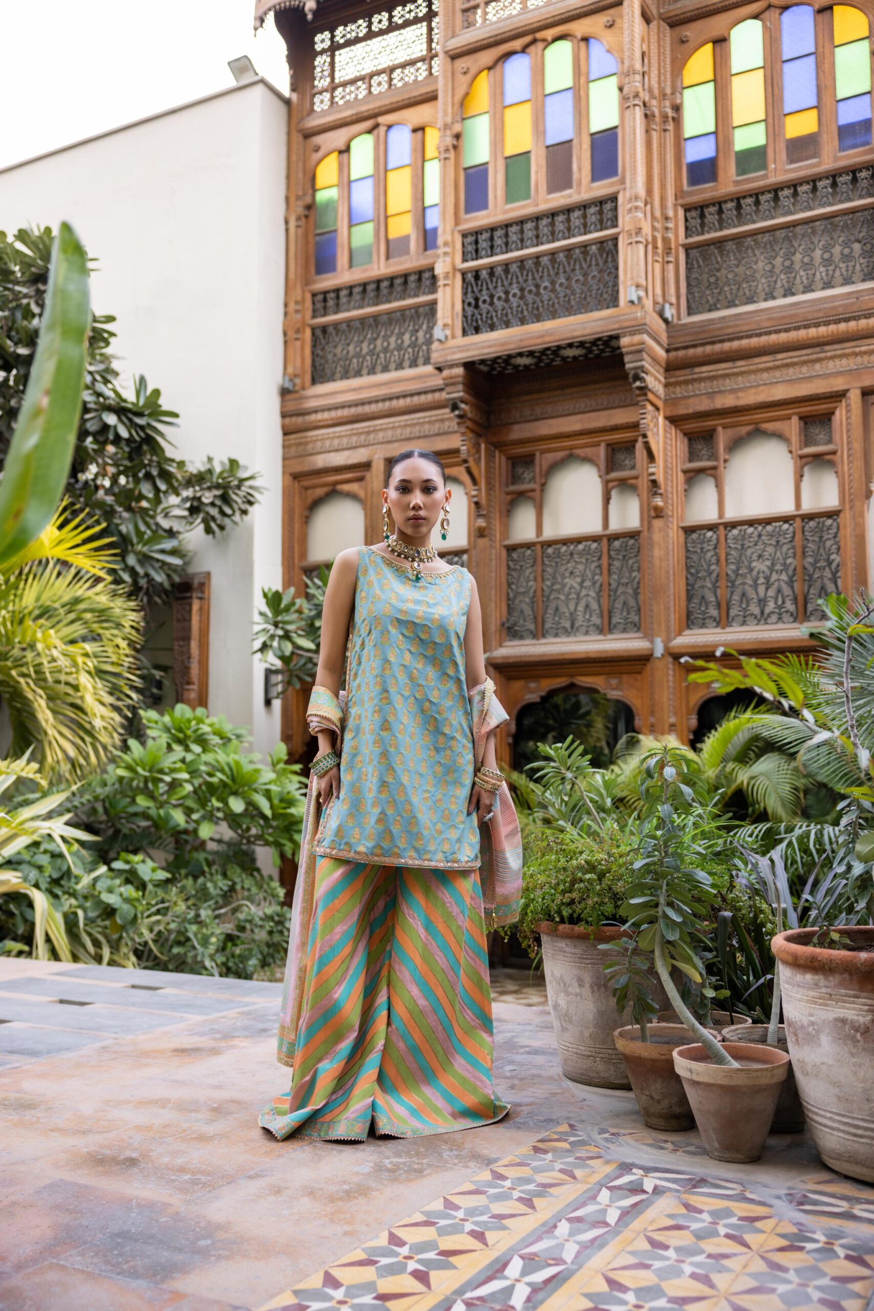 Sea Green Block Printed Khaadi Silk Sharara (3-Piece) - Image 6