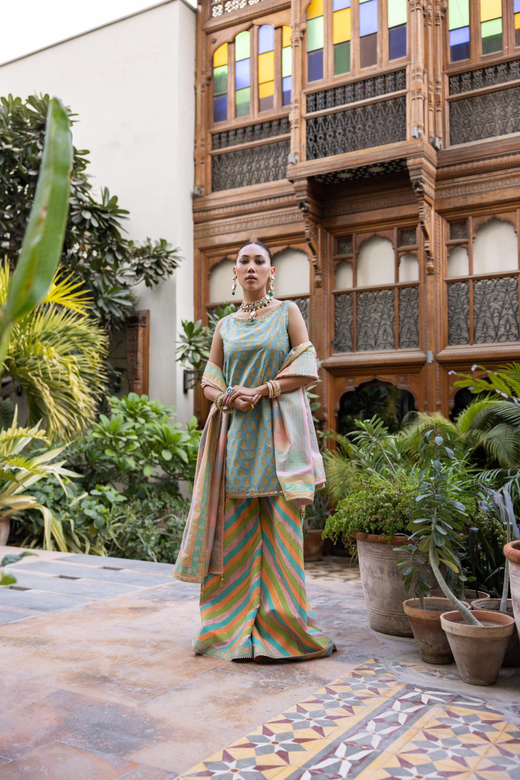 Sea Green Block Printed Khaadi Silk Sharara (3-Piece) - Image 7