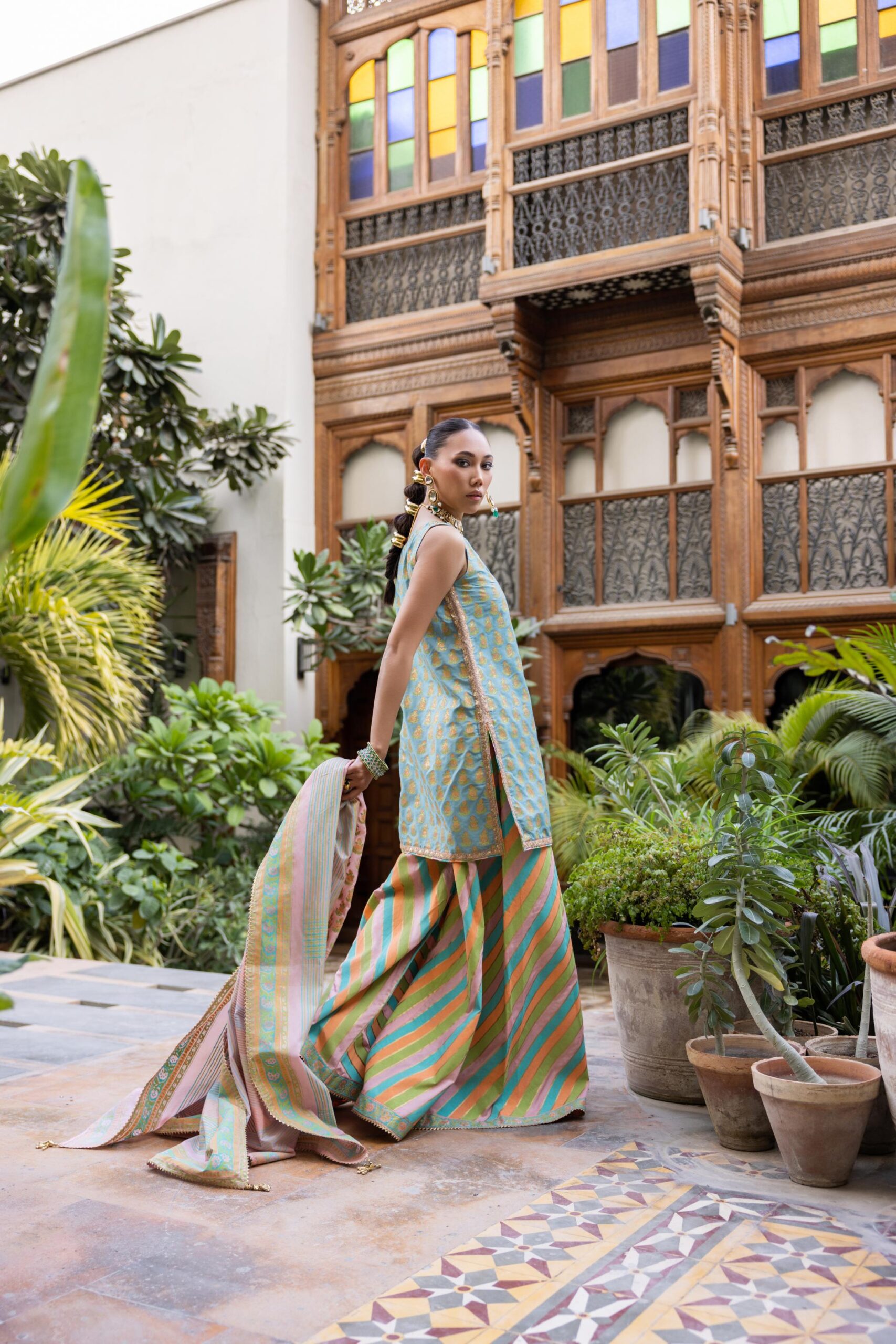 Sea Green Block Printed Khaadi Silk Sharara (3-Piece) - Image 8