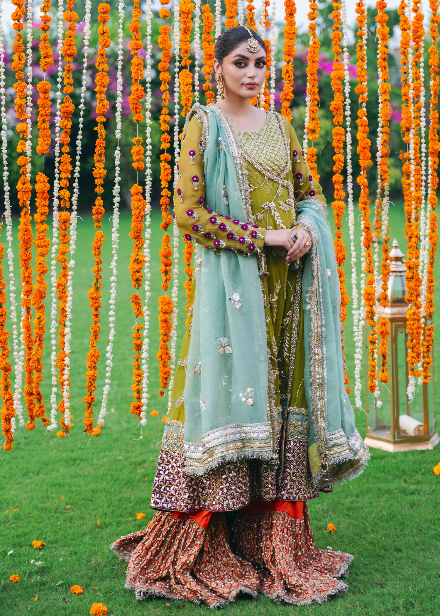 Pakistani Dhani Green Embroidered Net Sharara (3-Piece) - Image 1