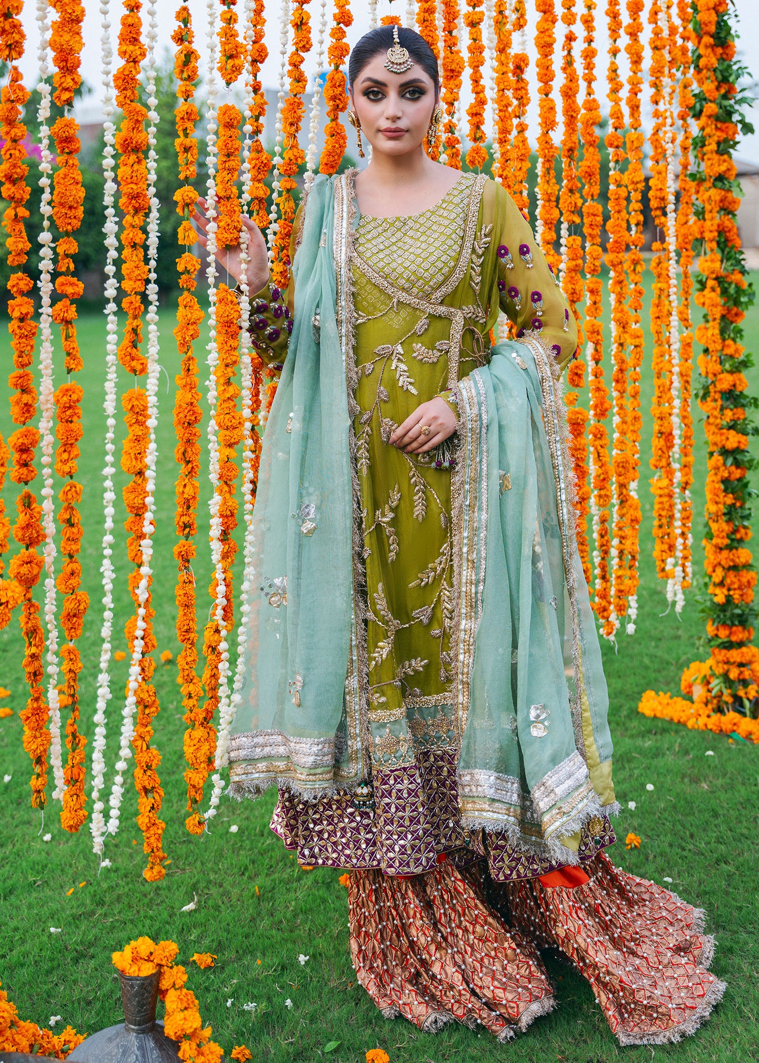 Pakistani Dhani Green Embroidered Net Sharara (3-Piece) - Image 3