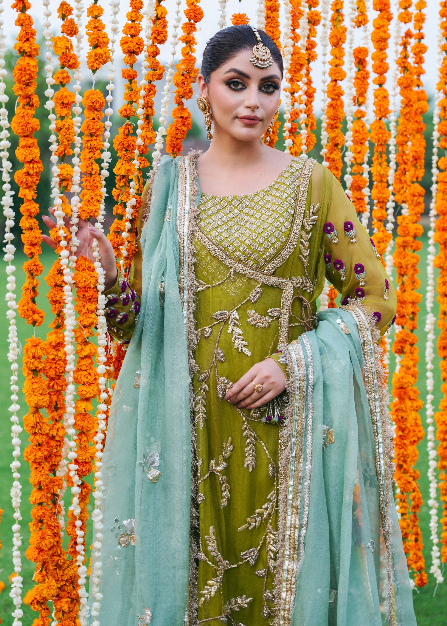 Pakistani Dhani Green Embroidered Net Sharara (3-Piece) - Image 4