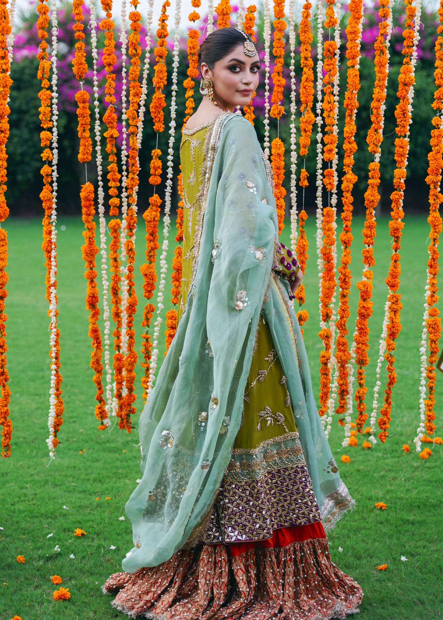 Pakistani Dhani Green Embroidered Net Sharara (3-Piece) - Image 5