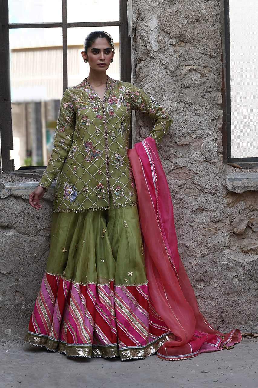 Green Hand-Embroidered Organza & Raw Silk Sharara (3-Piece) - Image 1