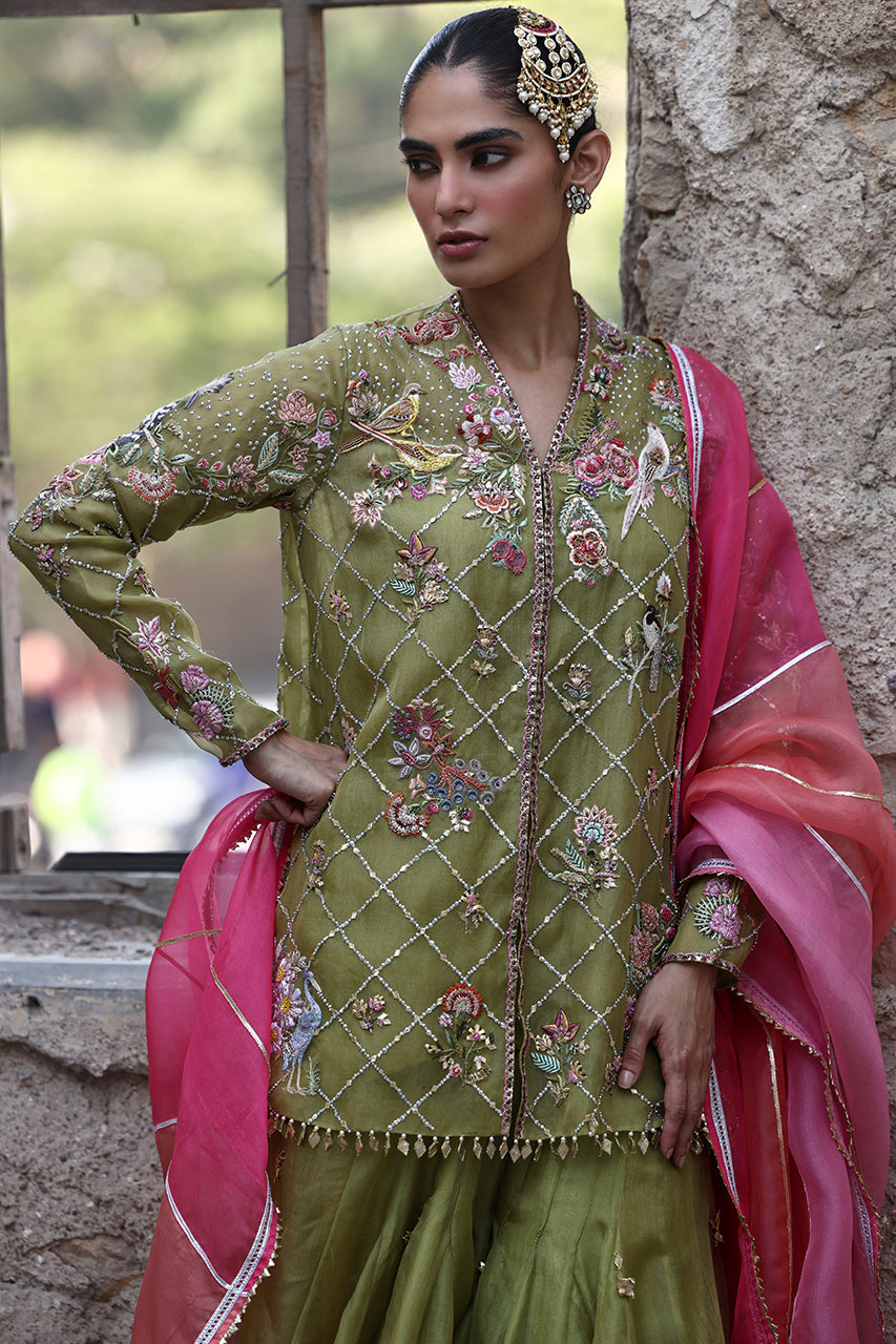 Green Hand-Embroidered Organza & Raw Silk Sharara (3-Piece) - Image 2