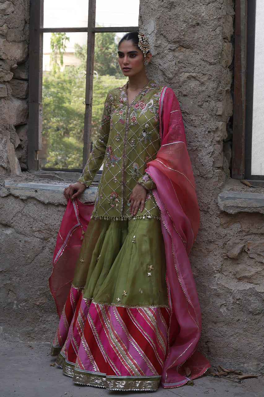 Green Hand-Embroidered Organza & Raw Silk Sharara (3-Piece) - Image 5