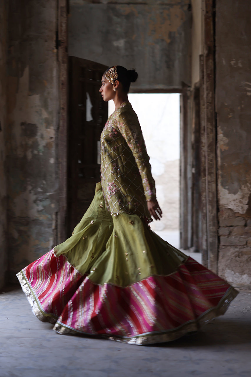 Green Hand-Embroidered Organza & Raw Silk Sharara (3-Piece) - Image 6