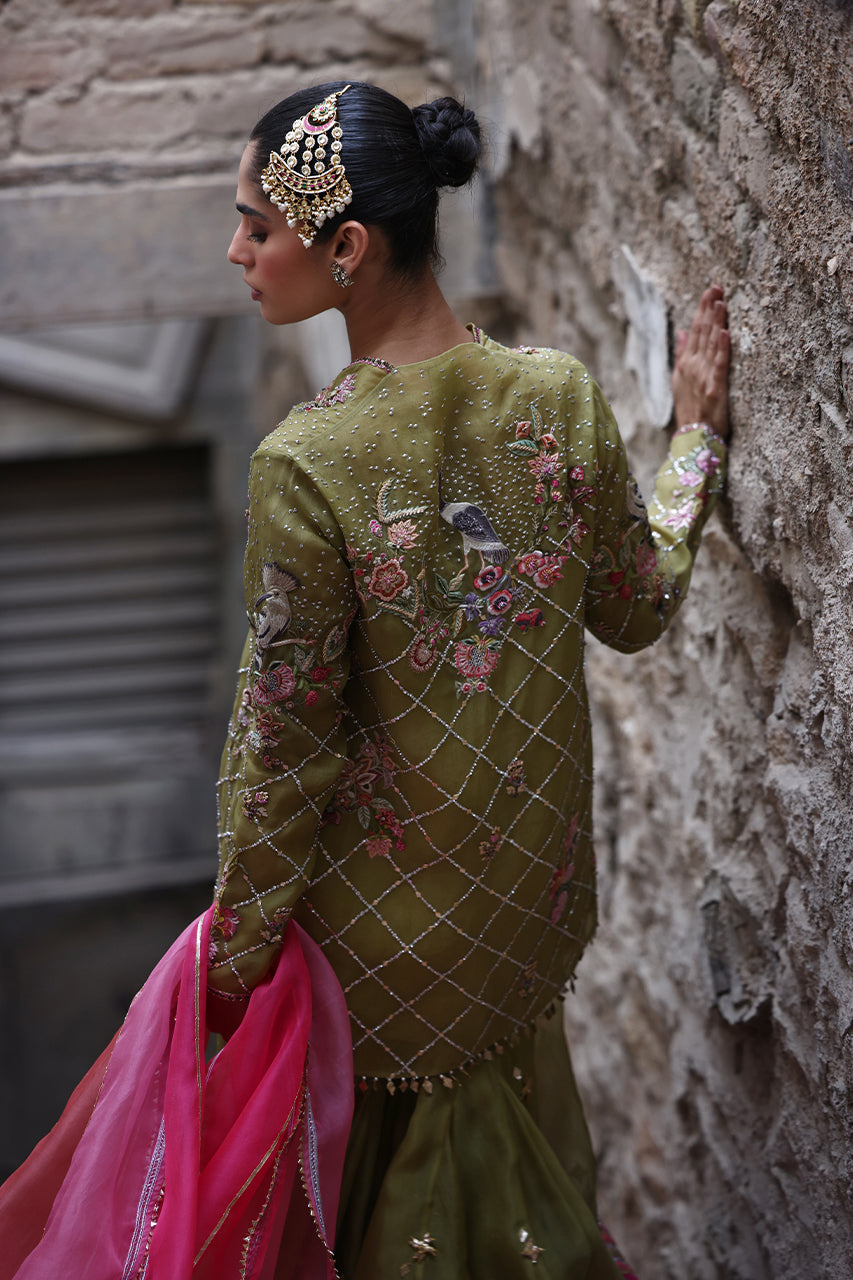 Olive Green Hand-Embroidered Organza Sharara (3-Piece) - Image 4