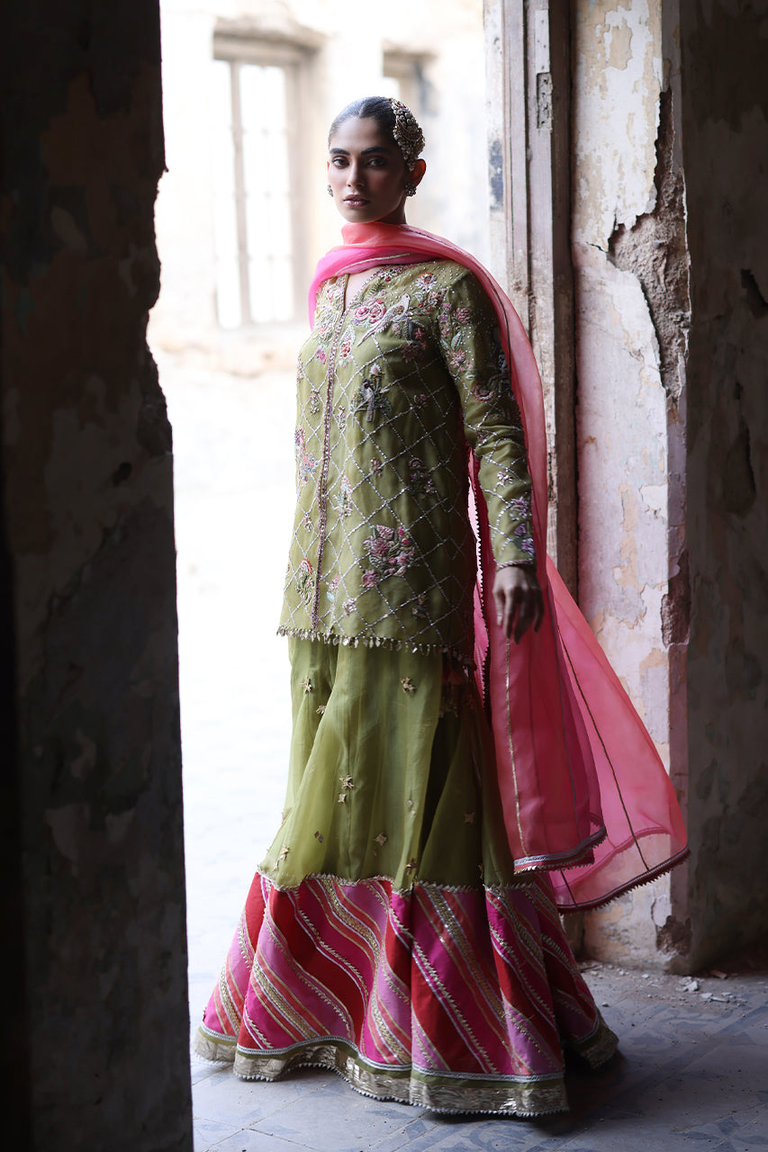 Olive Green Hand-Embroidered Organza Sharara (3-Piece) - Image 7
