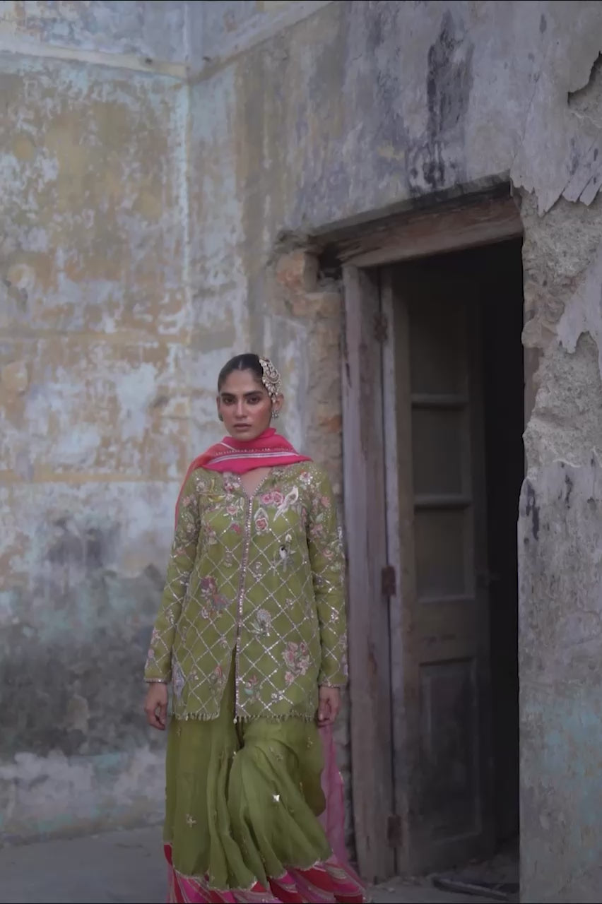 Olive Green Hand-Embroidered Organza Sharara (3-Piece) - Image 8