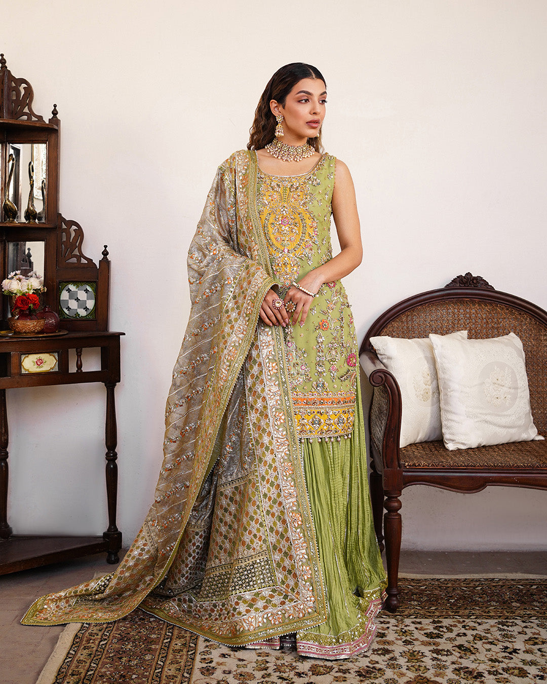 Pakistani Parrot Green Embroidered Organza Sharara (3-Piece) - Image 1