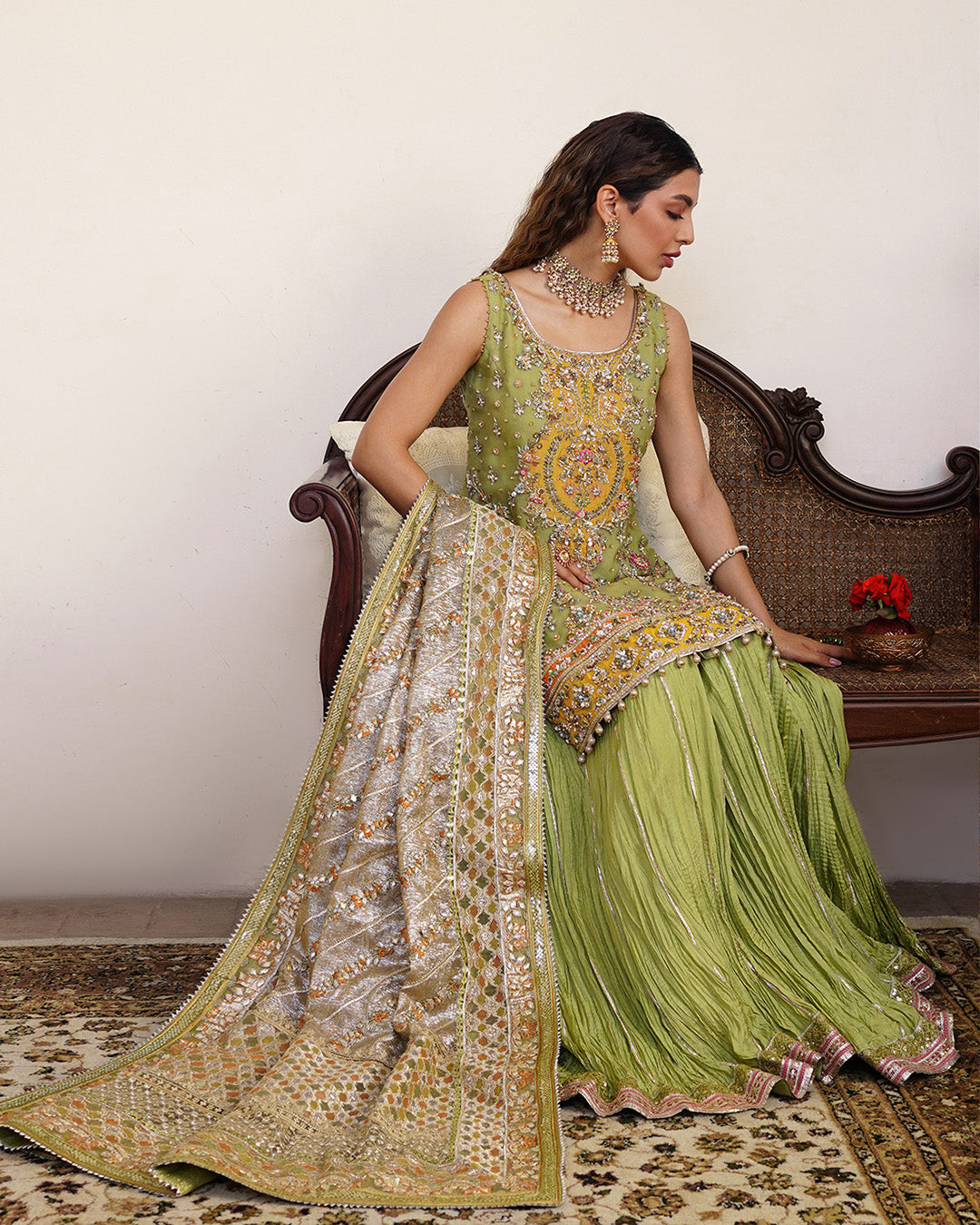 Pakistani Parrot Green Embroidered Organza Sharara (3-Piece) - Image 3
