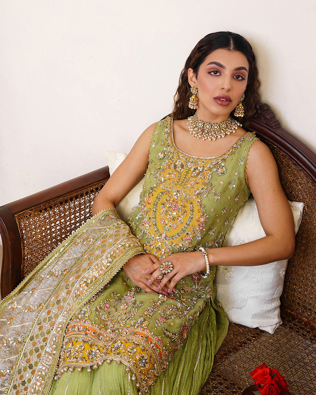 Pakistani Parrot Green Embroidered Organza Sharara (3-Piece) - Image 4