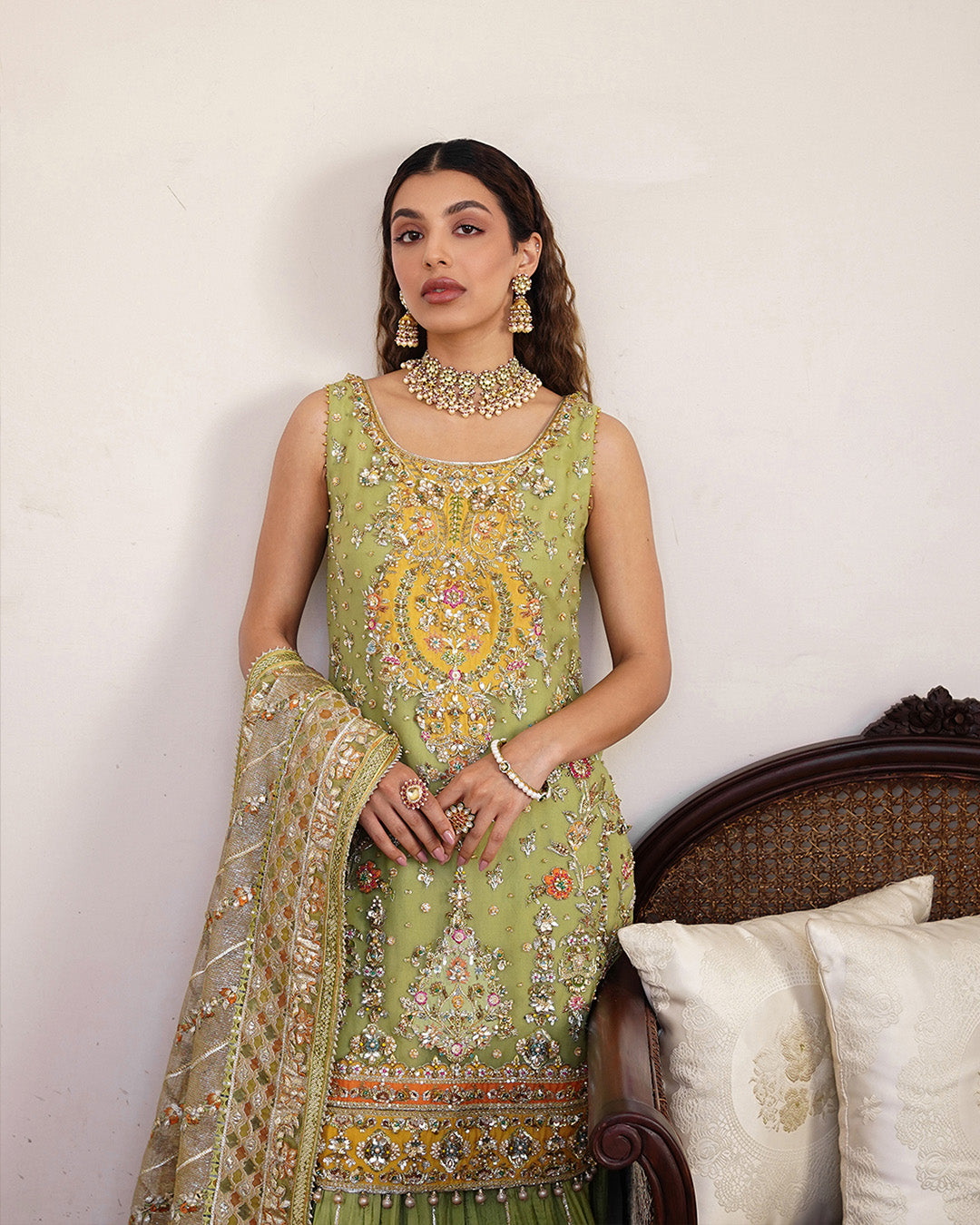 Parrot Green Embroidered Organza Sharara (3-Piece) - Image 2