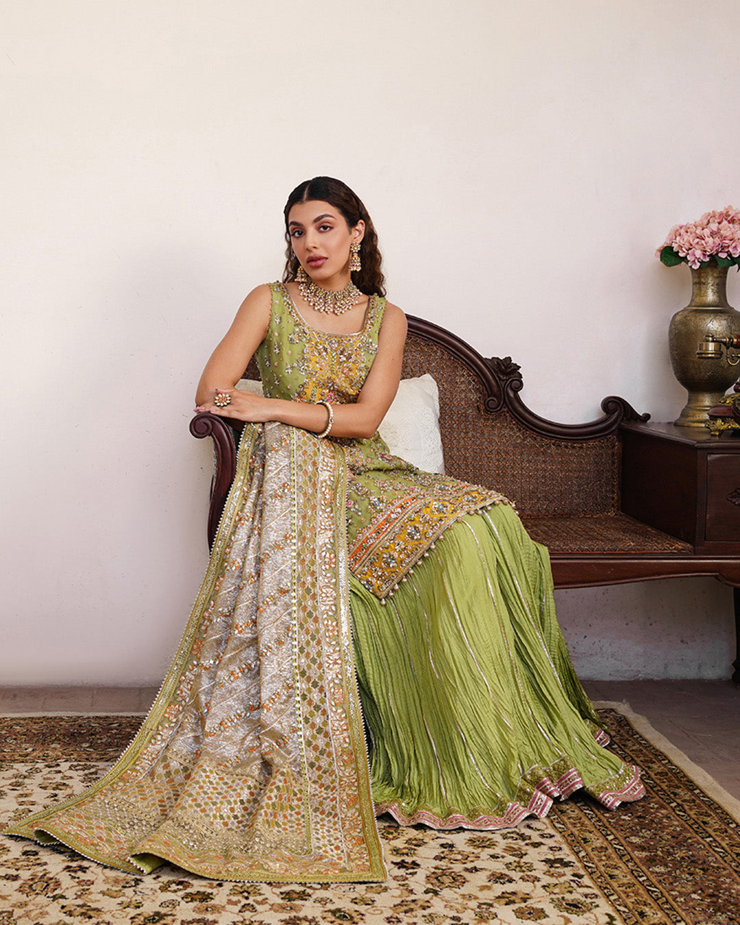 Parrot Green Embroidered Organza Sharara (3-Piece) - Image 5