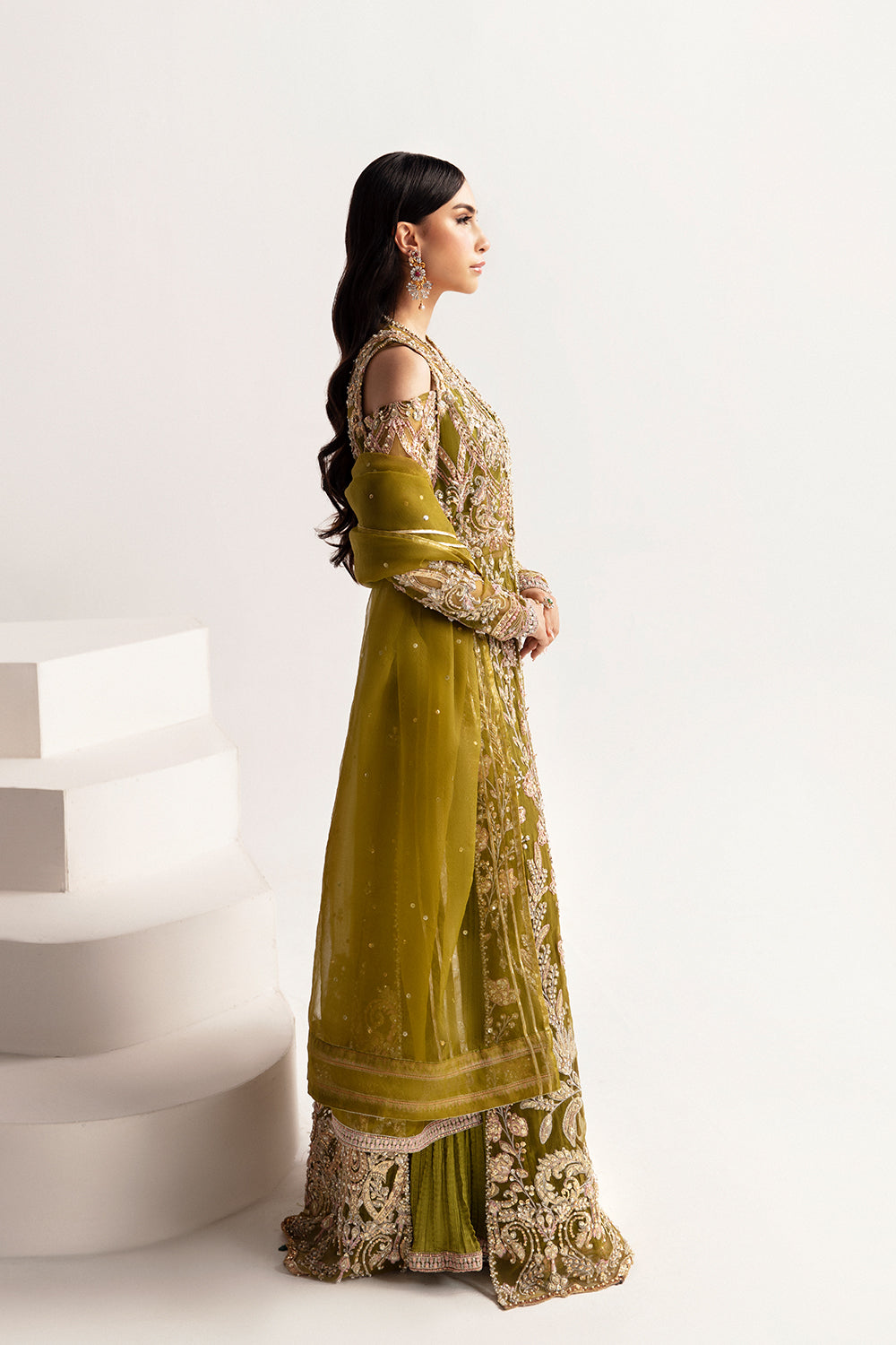 Pakistani Mehndi Green Embellished Organza & Raw Silk Sharara (3-Piece) - Image 2
