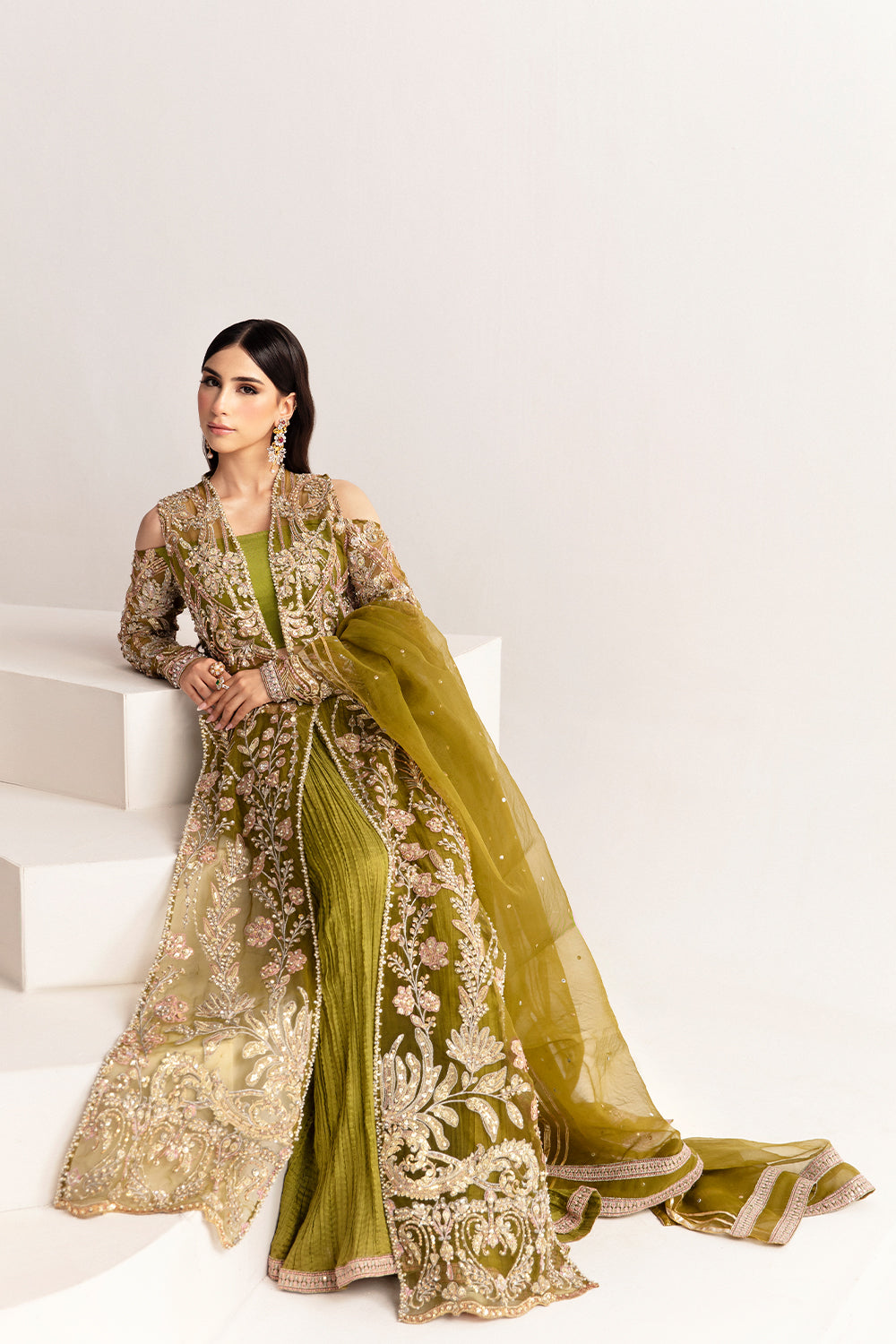Pakistani Mehndi Green Embellished Organza & Raw Silk Sharara (3-Piece) - Image 3