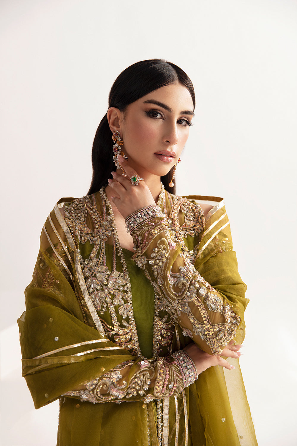 Pakistani Mehndi Green Embellished Organza & Raw Silk Sharara (3-Piece) - Image 4
