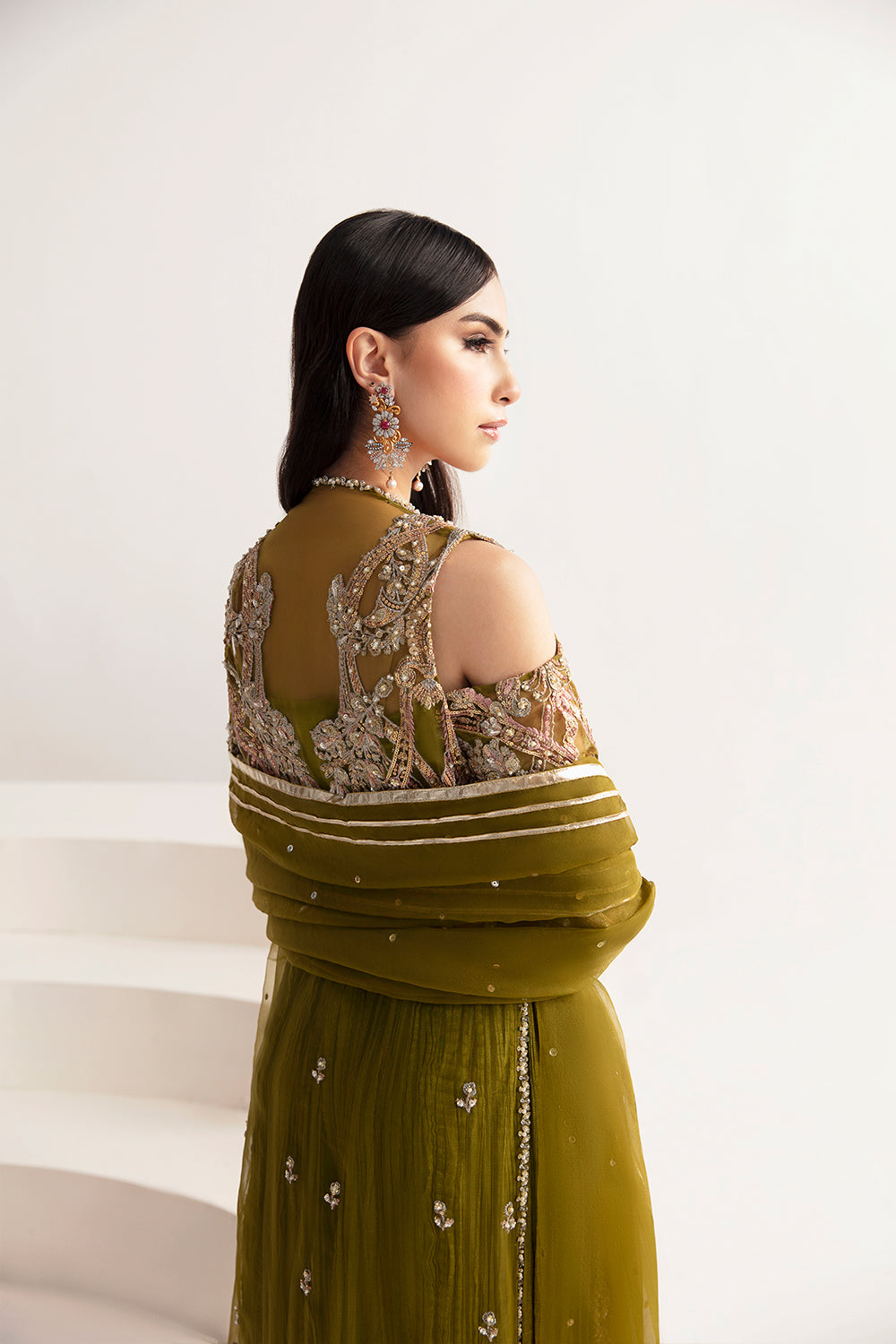 Pakistani Mehndi Green Embellished Organza & Raw Silk Sharara (3-Piece) - Image 5