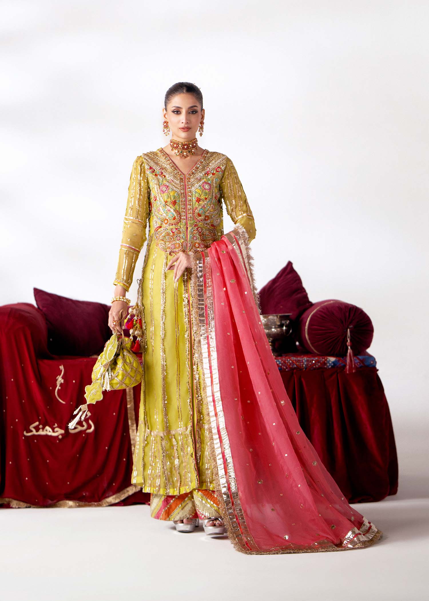 Lime Tilla & Dabka Embroidered Organza Sharara (3-Piece) - Image 1