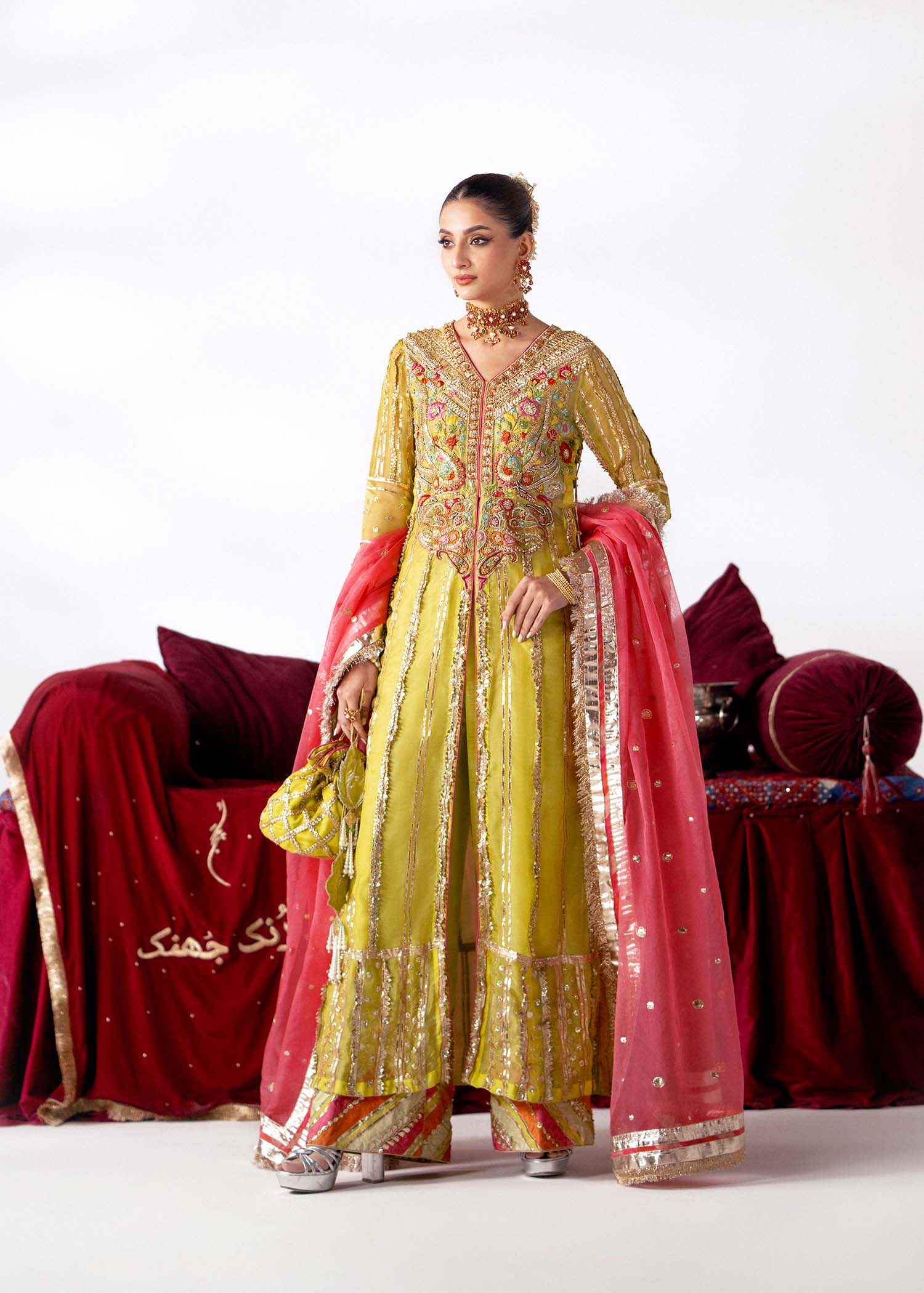 Lime Tilla & Dabka Embroidered Organza Sharara (3-Piece) - Image 2