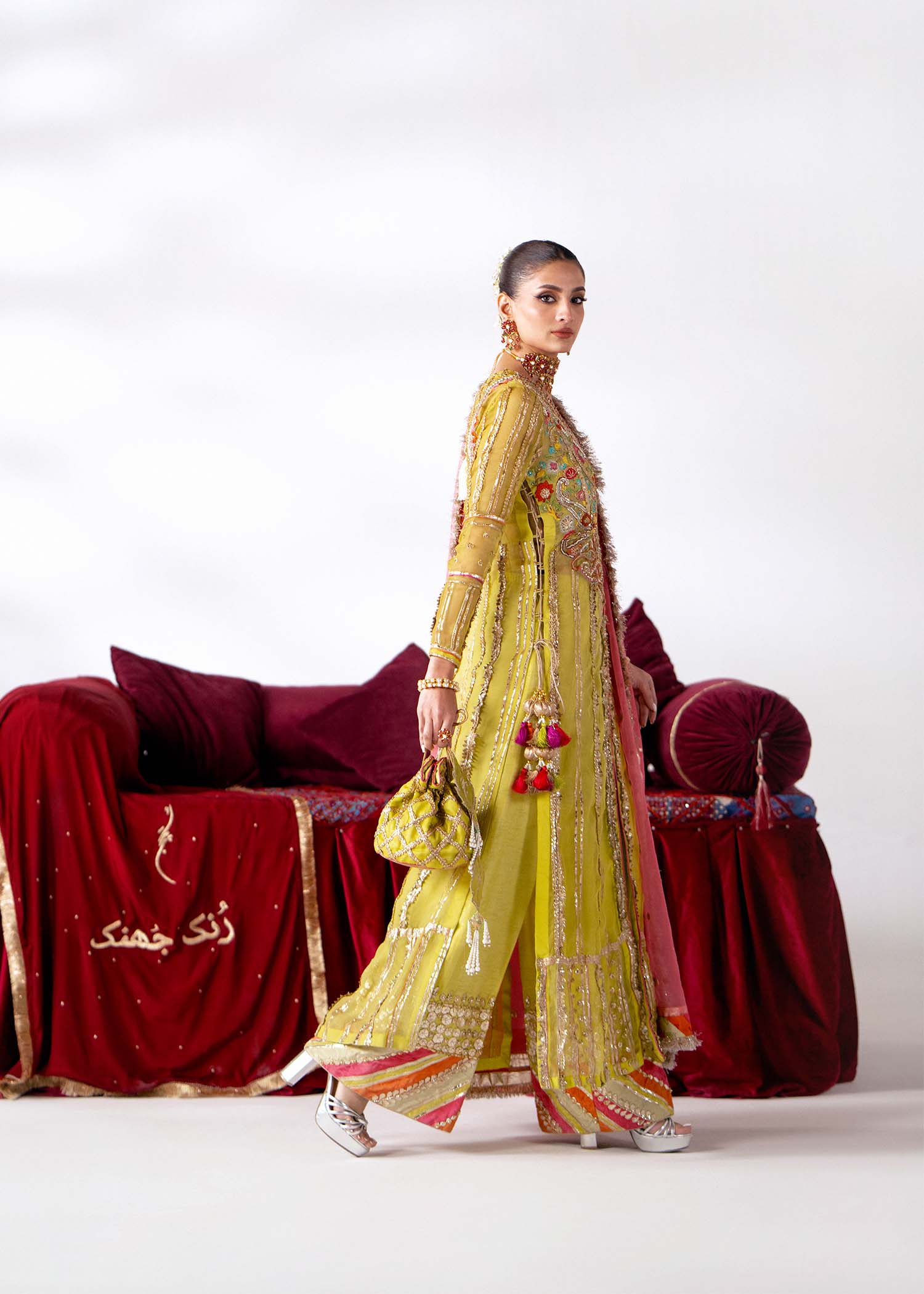 Lime Tilla & Dabka Embroidered Organza Sharara (3-Piece) - Image 3