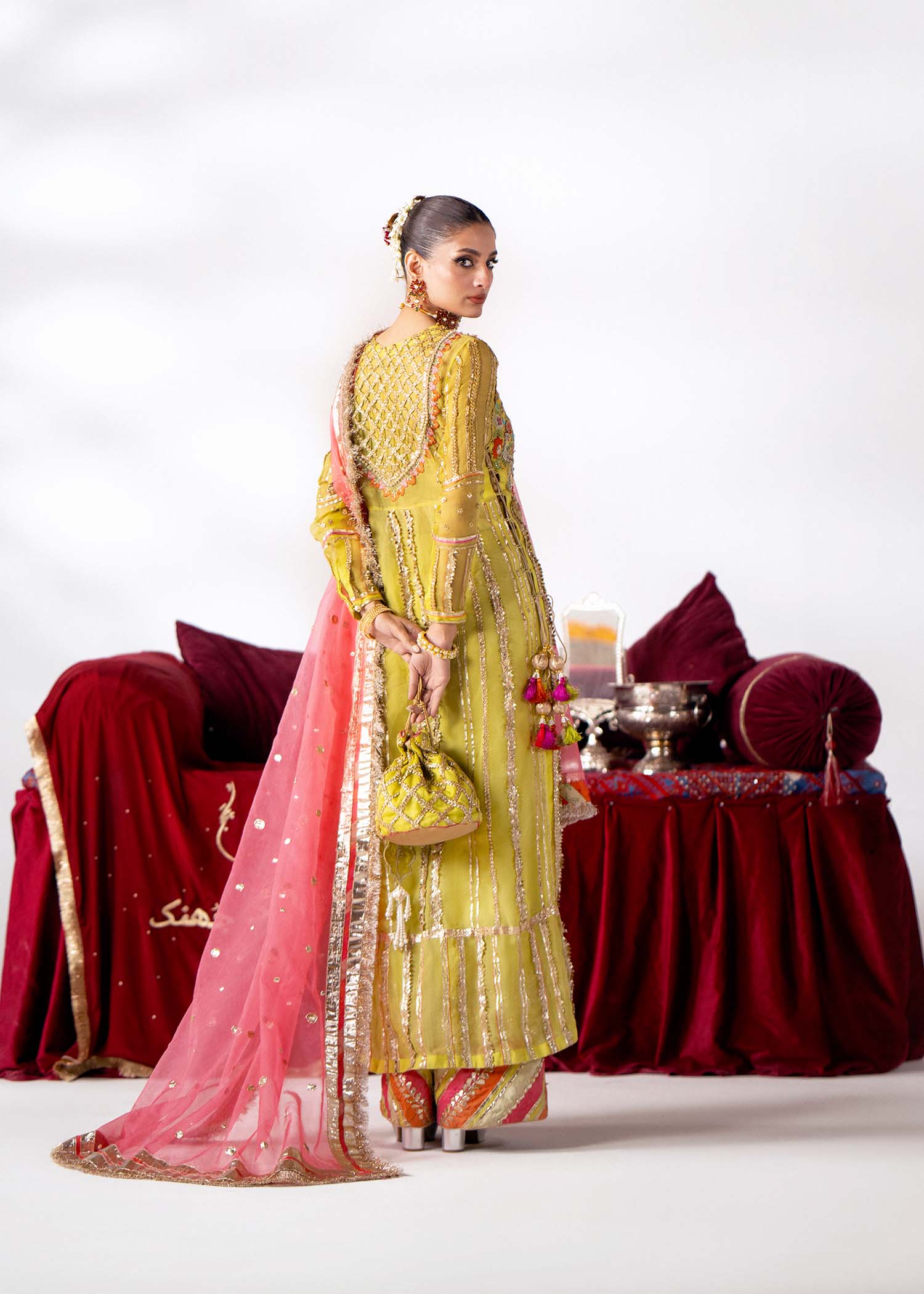 Lime Tilla & Dabka Embroidered Organza Sharara (3-Piece) - Image 4