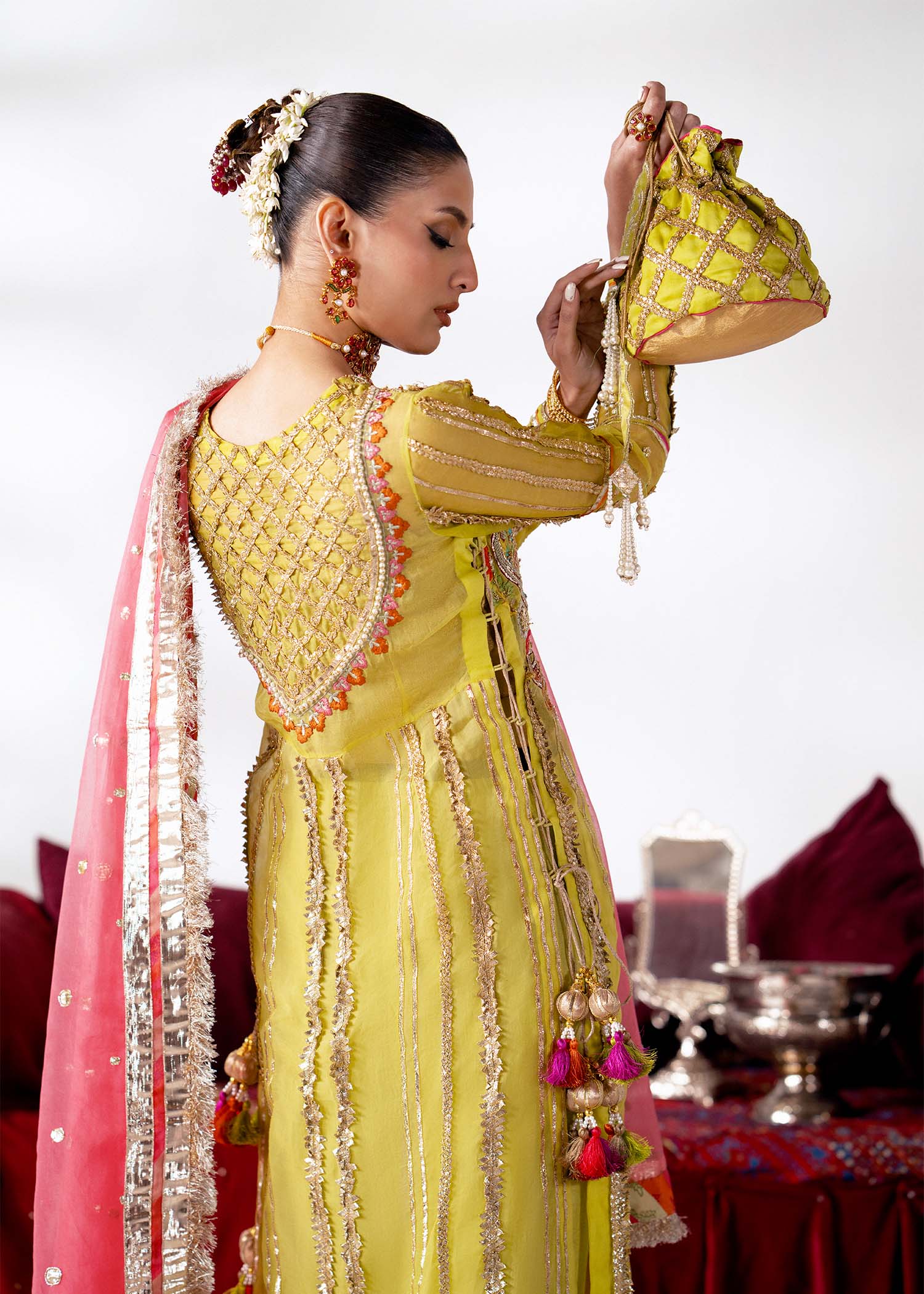 Lime Tilla & Dabka Embroidered Organza Sharara (3-Piece) - Image 5