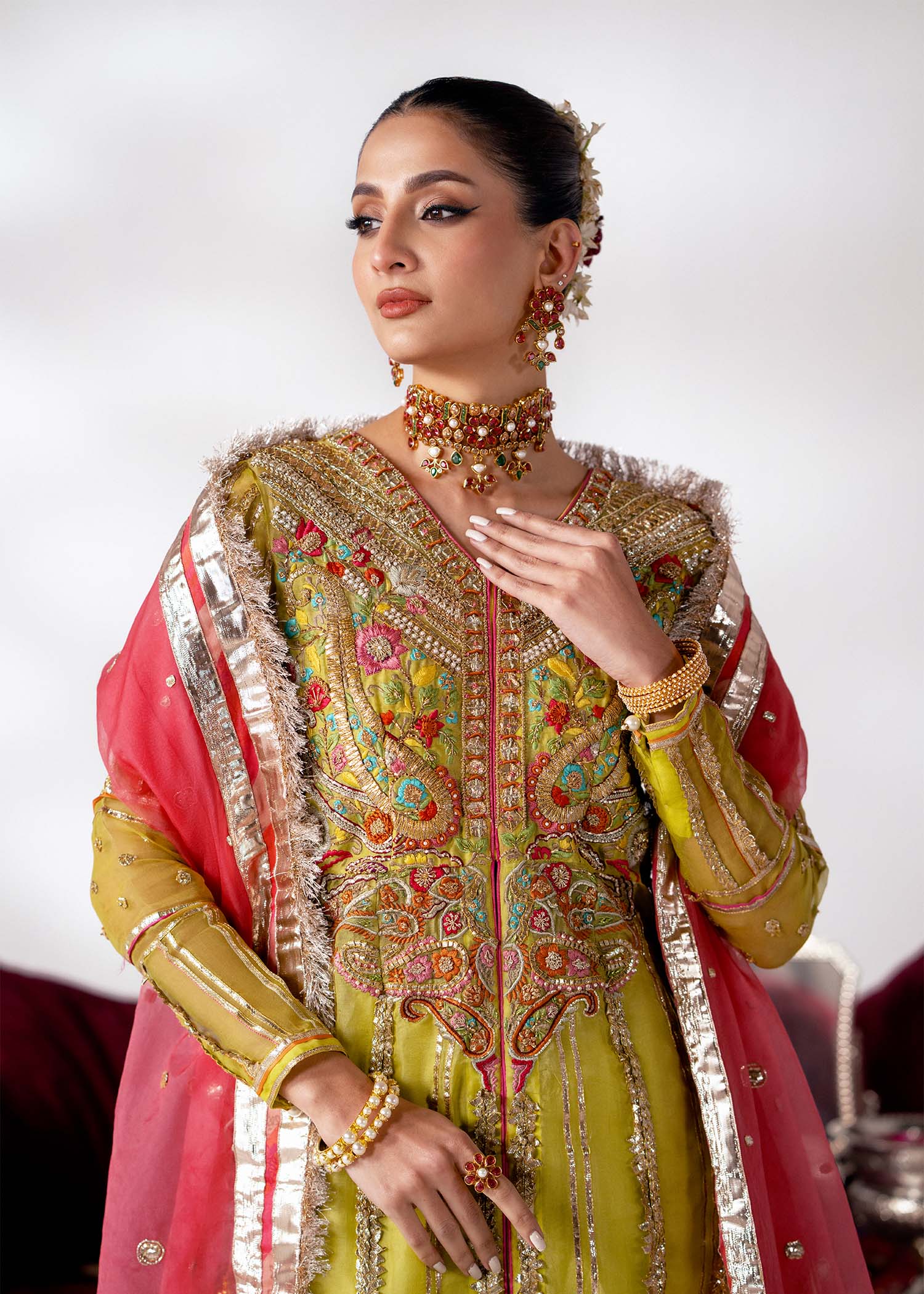 Lime Tilla & Dabka Embroidered Organza Sharara (3-Piece) - Image 6