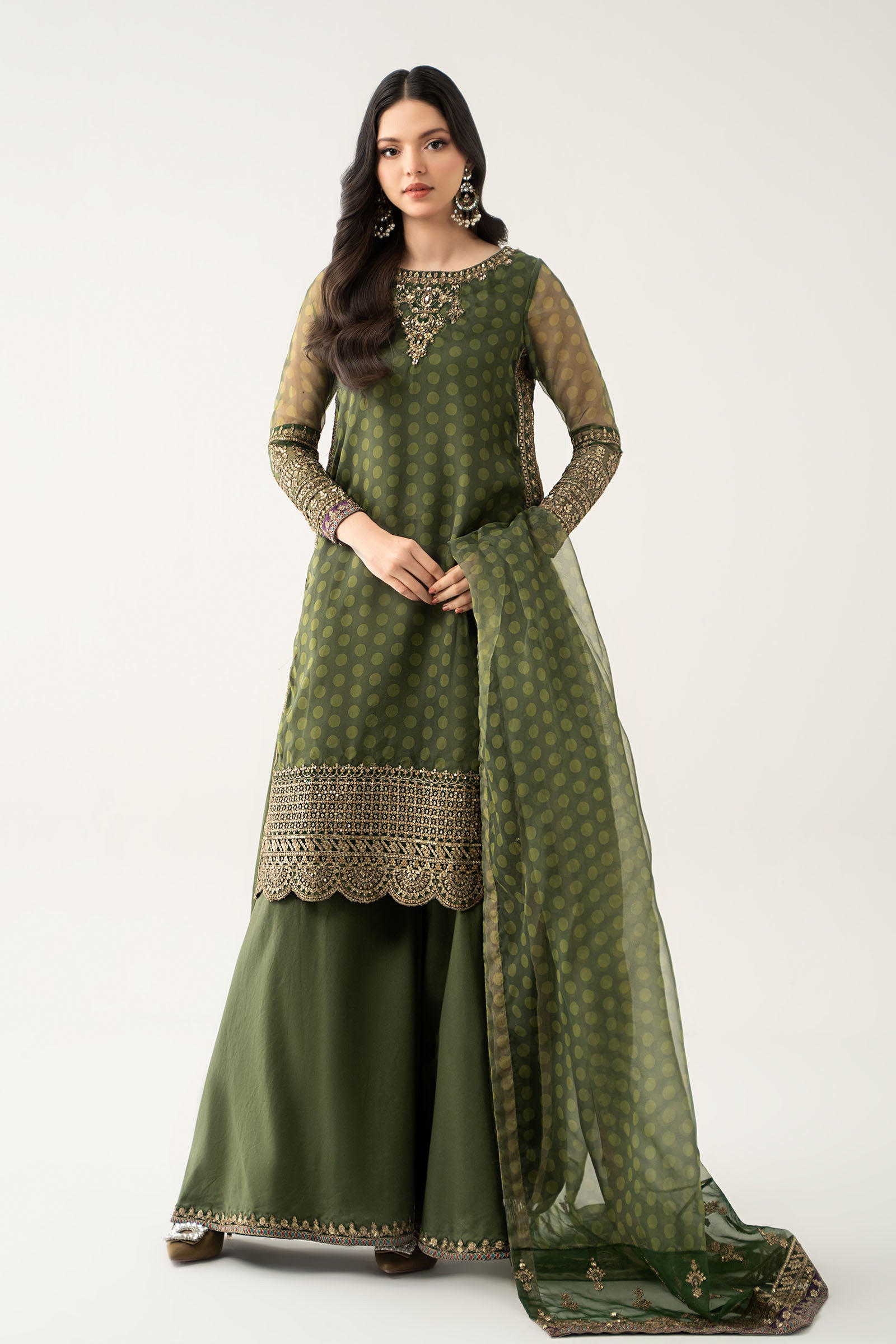 Green Embroidered Organza Sharara Suit (3-Piece) - Image 1